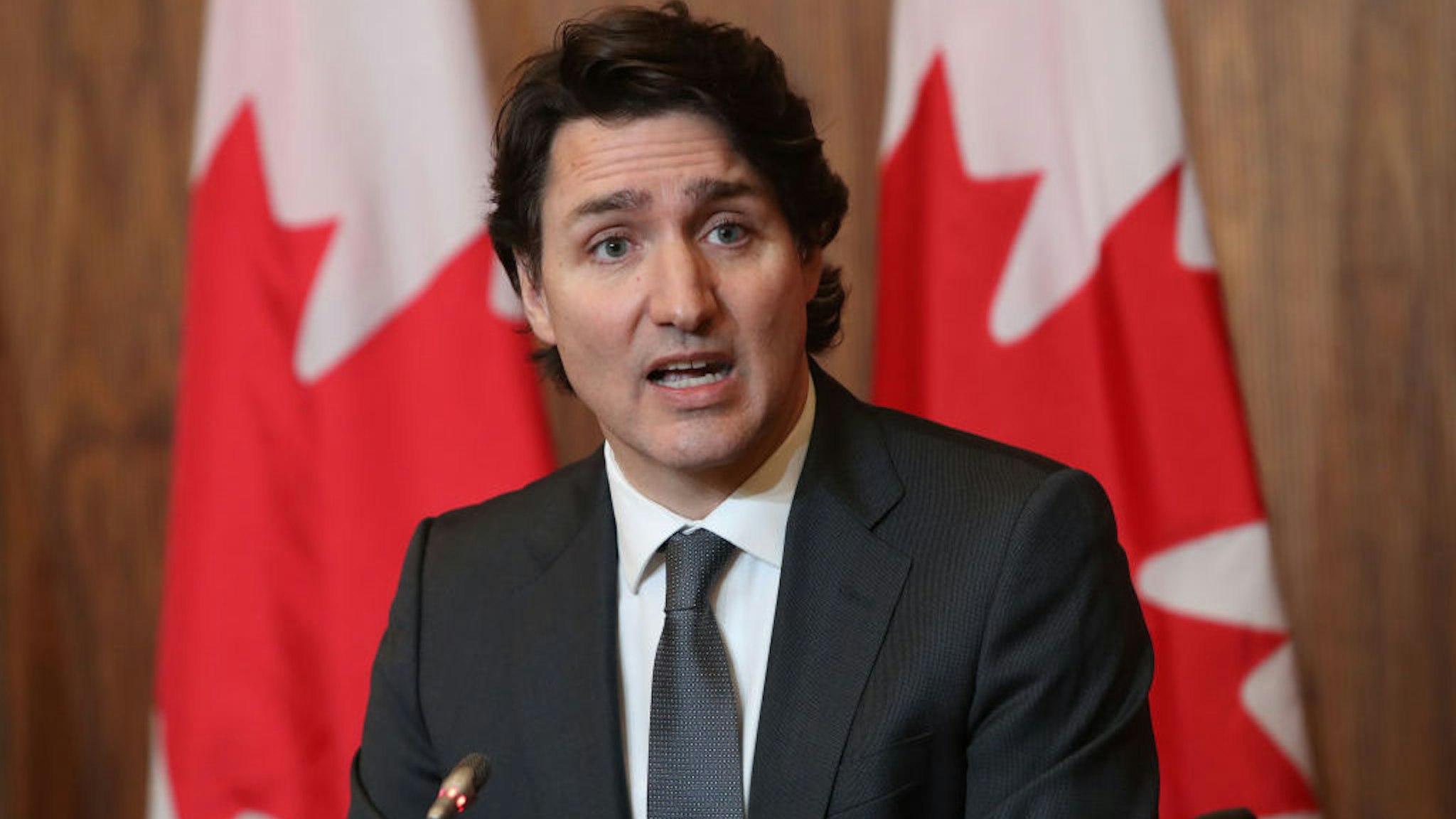 Justin Trudeau, Canada's prime minister, speaks during a news conference in Ottawa, Ontario, Canada, on Wednesday, Jan. 12, 2022. Canada will give small businesses an extra year -- up to the end of 2023 -- to repay Covid-19 loans received under the Canada Emergency Business Account before interest payments will kick in. Photographer: David Kawai/Bloomberg