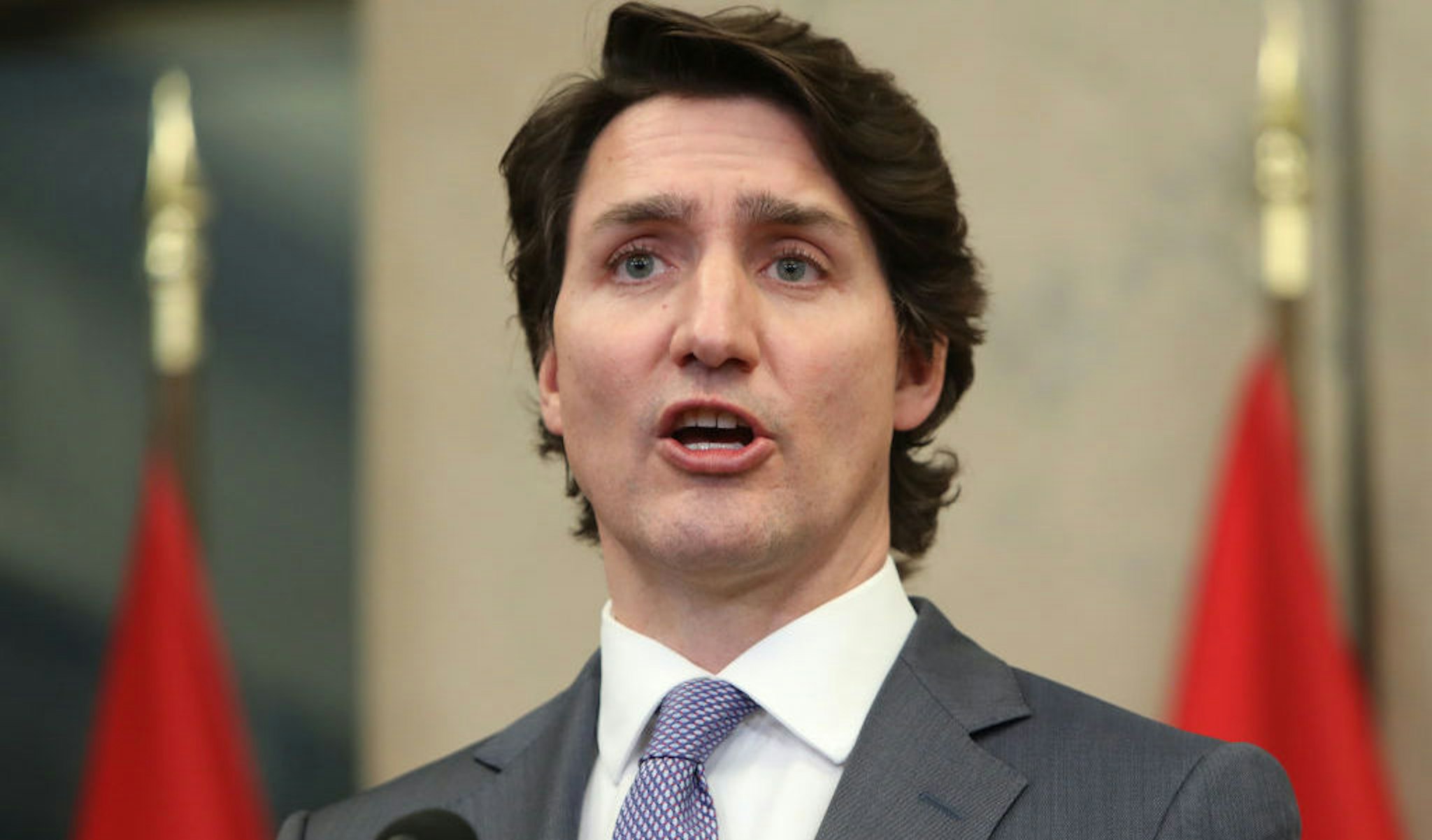 Justin Trudeau, Canada's prime minister, speaks during a news conference in Ottawa, Ontario, Canada, on Wednesday, Jan. 26, 2022. The Canadian government will extend its military training mission in Ukraine until 2025 and immediately add 60 troops to the 200 who are already there, Trudeau said. Photographer: David Kawai/Bloomberg