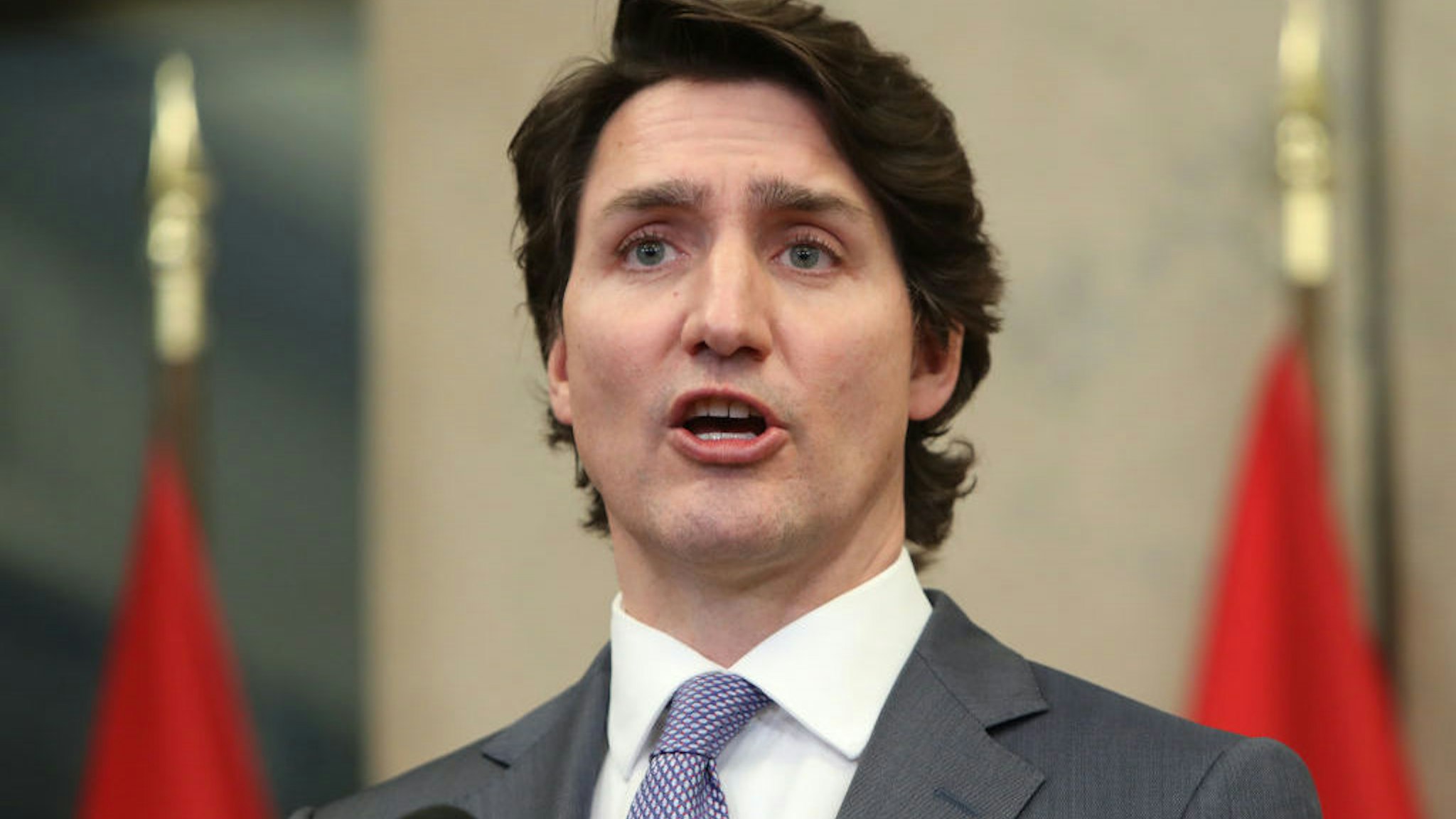 Justin Trudeau, Canada's prime minister, speaks during a news conference in Ottawa, Ontario, Canada, on Wednesday, Jan. 26, 2022. The Canadian government will extend its military training mission in Ukraine until 2025 and immediately add 60 troops to the 200 who are already there, Trudeau said. Photographer: David Kawai/Bloomberg