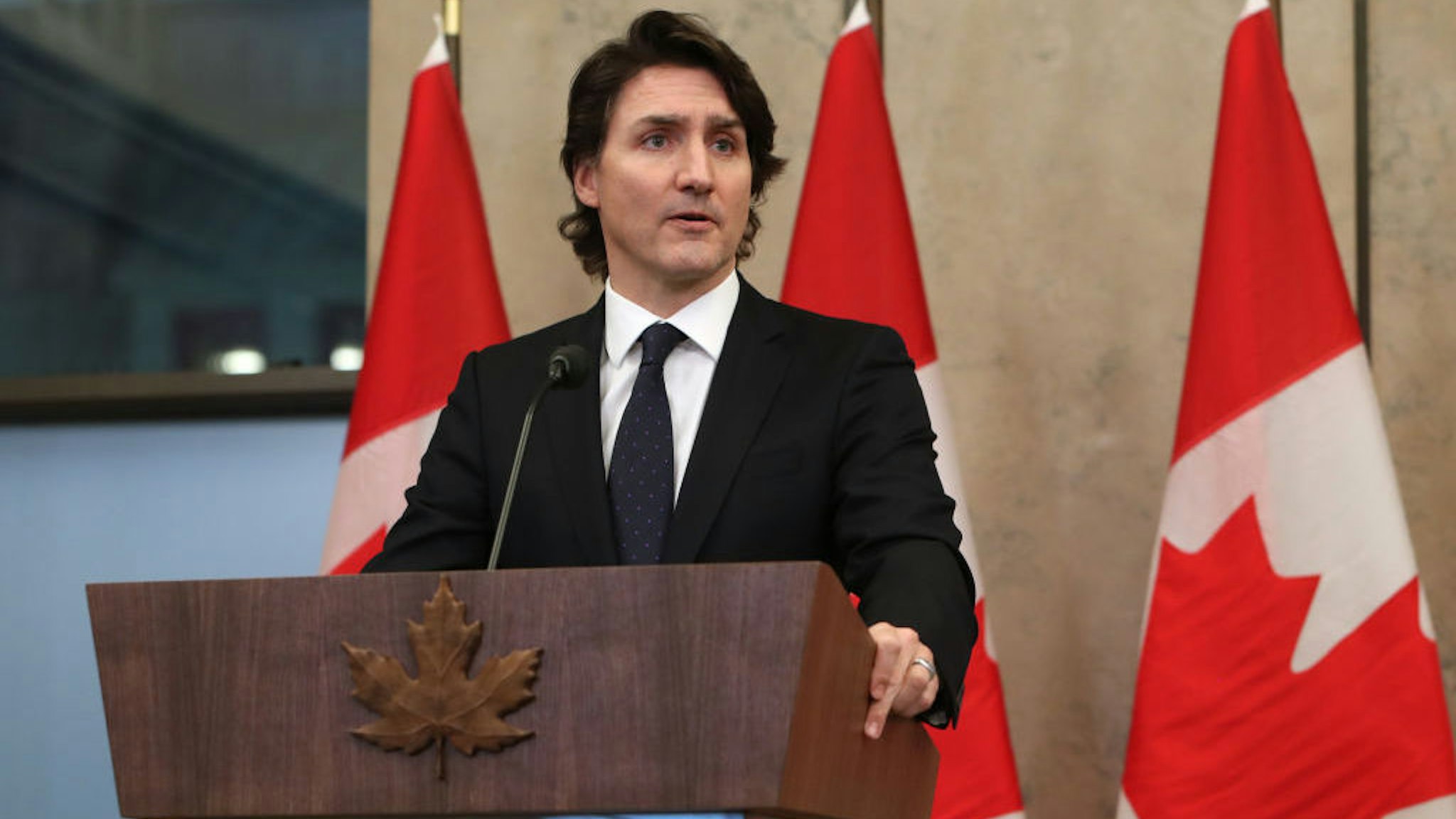 Justin Trudeau, Canada's prime minister, speaks during a news conference on Parliament Hill in Ottawa, Ontario, Canada, on Friday, Feb. 11, 2022. Trudeau warned that demonstrators will face "real consequences" if they continue blockades in Ottawa and at the U.S. border, while using more conciliatory language in an attempt to help defuse the situation. Photographer: David Kawai/Bloomberg