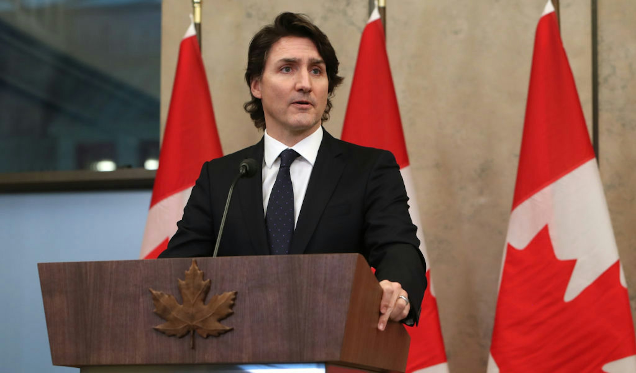 Justin Trudeau, Canada's prime minister, speaks during a news conference on Parliament Hill in Ottawa, Ontario, Canada, on Friday, Feb. 11, 2022. Trudeau warned that demonstrators will face "real consequences" if they continue blockades in Ottawa and at the U.S. border, while using more conciliatory language in an attempt to help defuse the situation. Photographer: David Kawai/Bloomberg via Getty Images