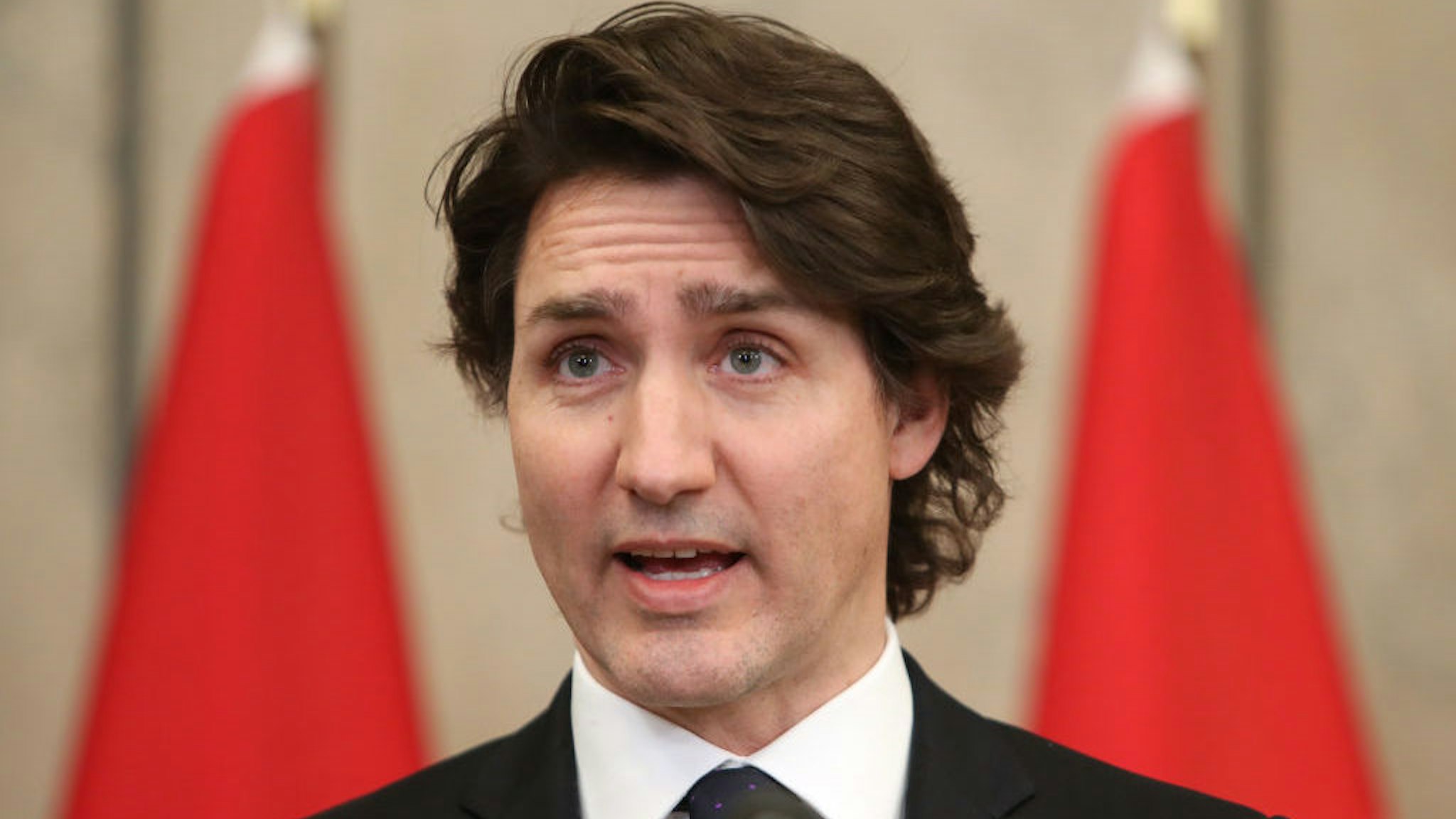 Justin Trudeau, Canada's prime minister, speaks during a news conference on Parliament Hill in Ottawa, Ontario, Canada, on Friday, Feb. 11, 2022. Trudeau warned that demonstrators will face "real consequences" if they continue blockades in Ottawa and at the U.S. border, while using more conciliatory language in an attempt to help defuse the situation. Photographer: David Kawai/Bloomberg