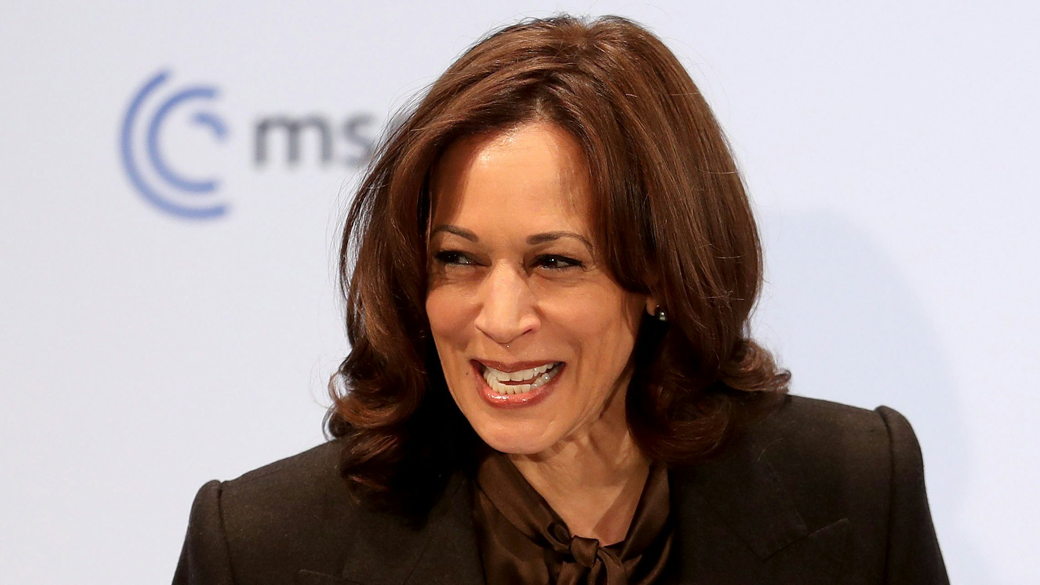 MUNICH, GERMANY - FEBRUARY 19: U.S. vice president Kamala Harris smiles during her speech at the 2022 Munich Security Conference on February 19, 2022 in Munich, Germany. The conference, which brings together security experts, politicians and people of influence from across the globe, is taking place as Russian troops stand amassed on the Russian, Belarusian and Crimean borders to Ukraine, causing international fears of an imminent military invasion.
