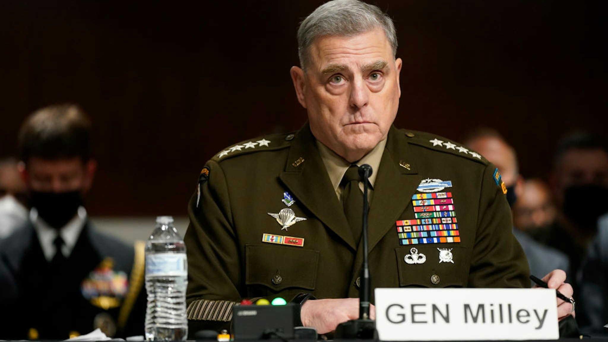 WASHINGTON, DC - SEPTEMBER 28: Chairman of the Joint Chiefs of Staff Gen. Mark A. Milley listens to a senator's question during a Senate Armed Services Committee hearing on the conclusion of military operations in Afghanistan and plans for future counterterrorism operations on Capitol Hill on September 28, 2021 in Washington, DC.