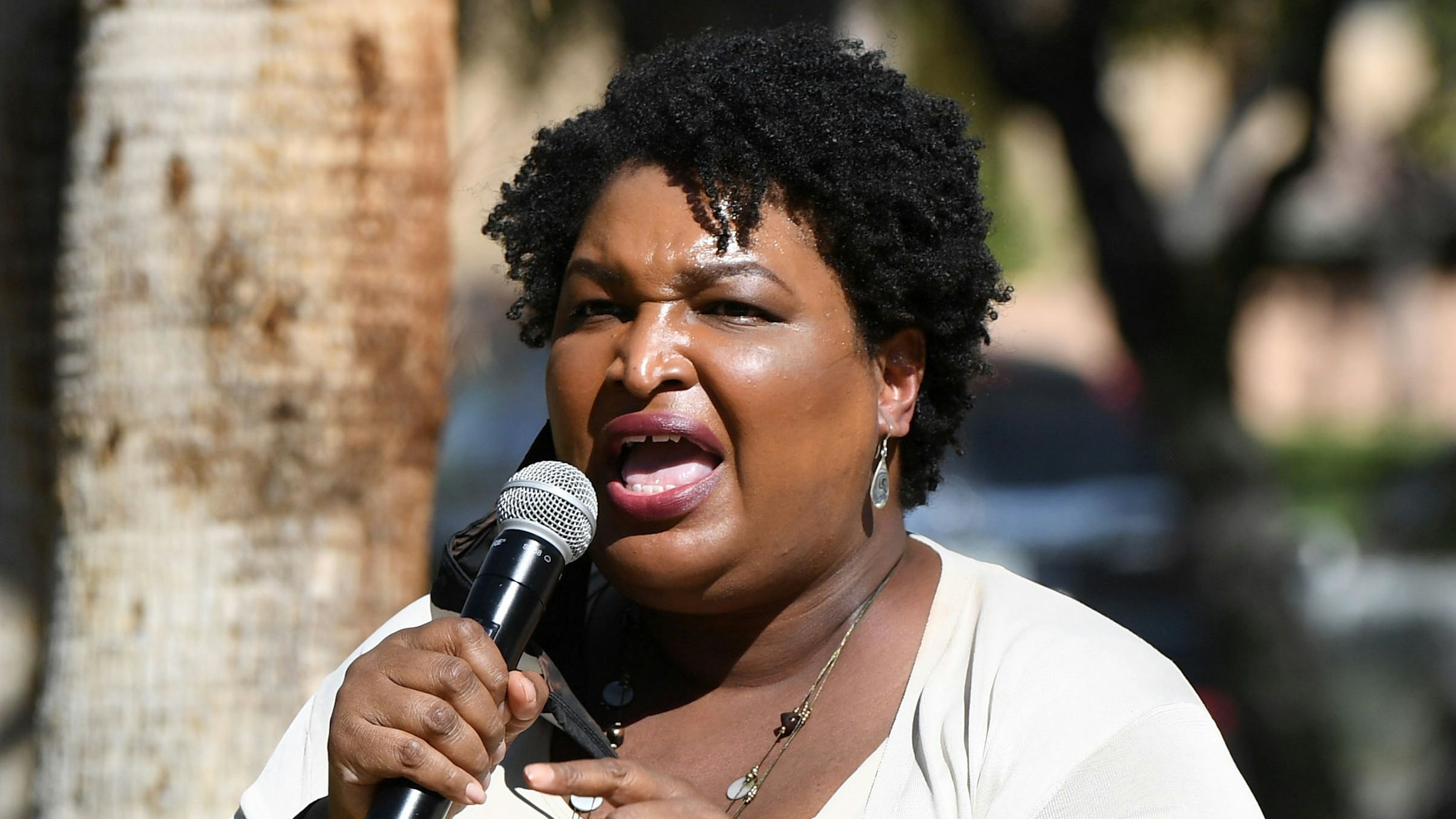 LAS VEGAS, NEVADA - OCTOBER 24: Former Georgia gubernatorial candidate Stacey Abrams speaks at a Democratic canvass kickoff as she campaigns for Joe Biden and Kamala Harris at Bruce Trent Park on October 24, 2020 in Las Vegas, Nevada. In-person early voting for the general election in the battleground state began on October 17 and continues through October 30.