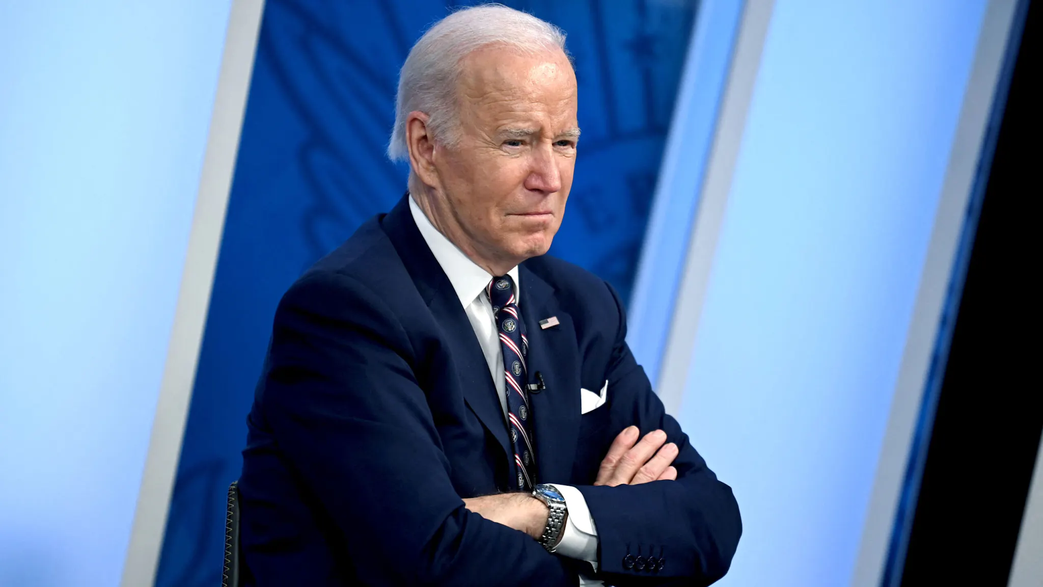 US-POLITICS-BIDEN US President Joe Biden listens during a virtual meeting on securing critical mineral supply chains in the South Court Auditorium near the White House in Washington, DC, on February 22, 2022.