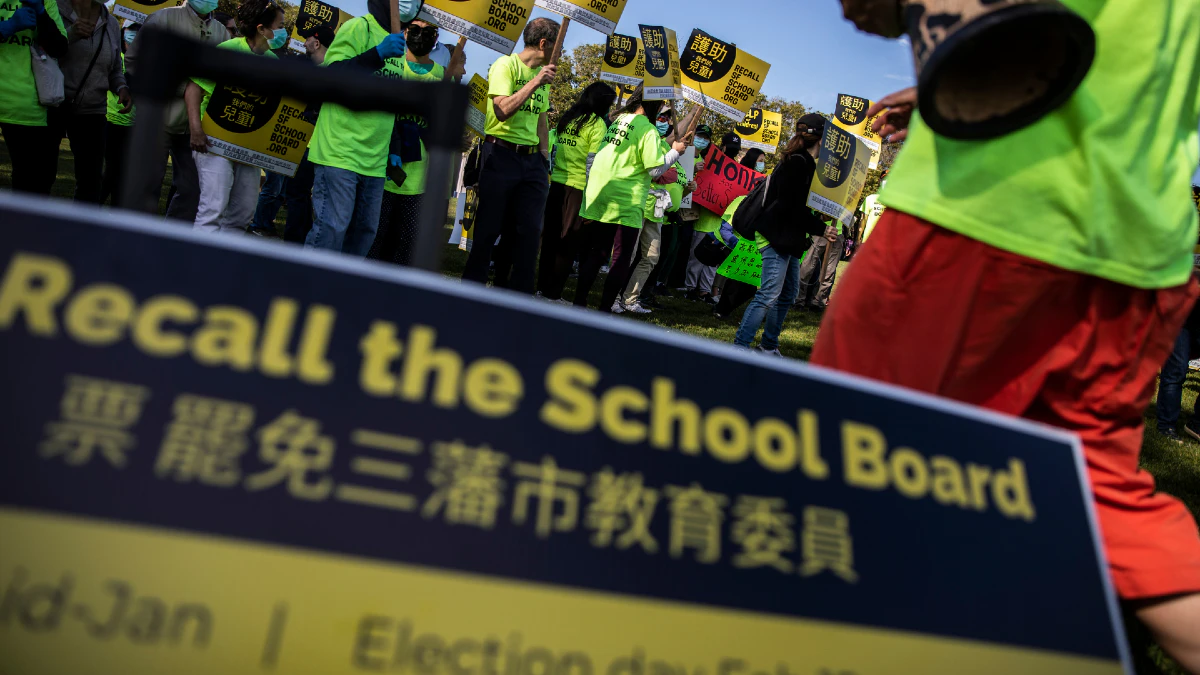 SAN FRANCISCO, CA - FEB. 12: Supporters of the San Francisco School Board recall gather at Carl Larsen Park during a rally in the Sunset District of San Francisco, California Saturday, Feb. 12, 2022.