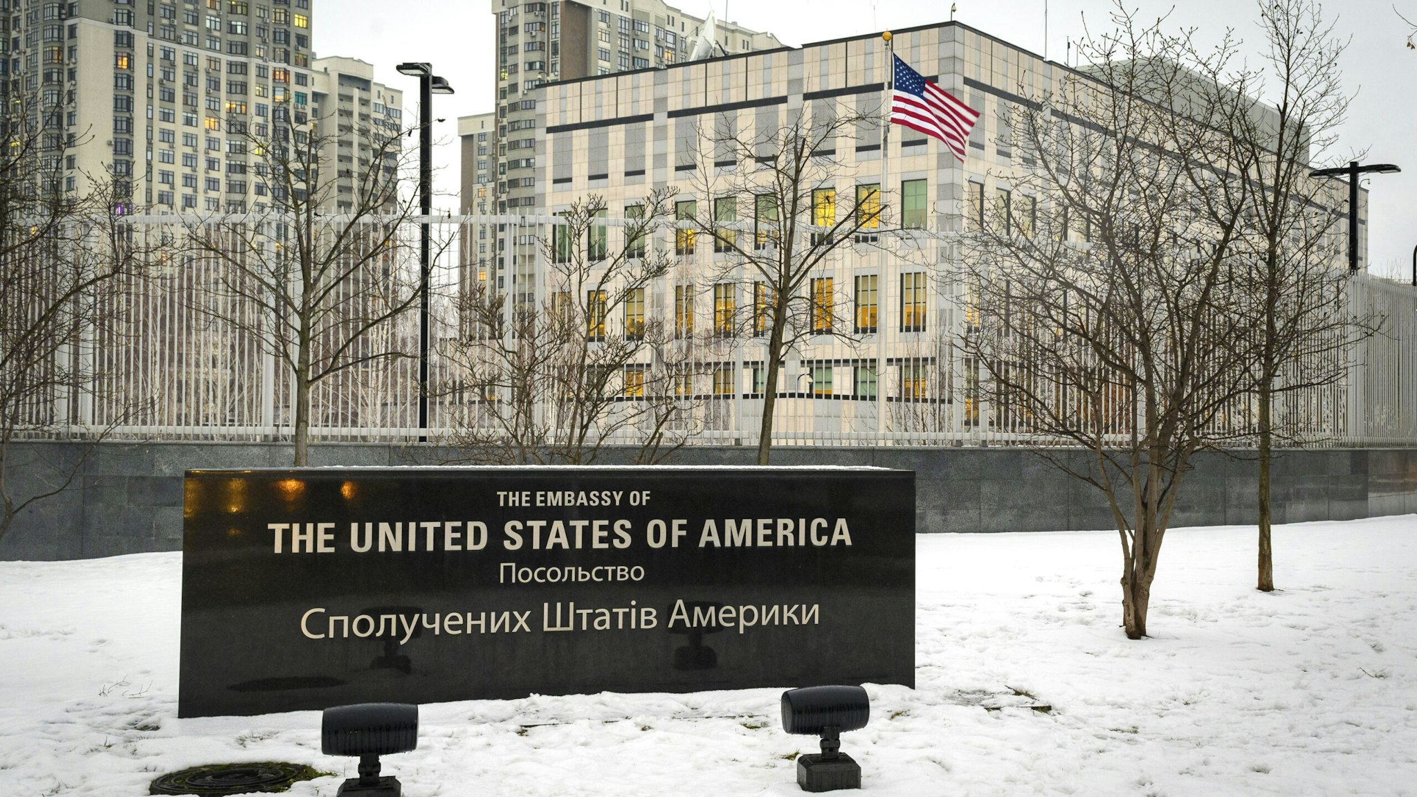 The U.S. embassy building in Kyiv, Ukraine, on Friday, Jan. 28, 2022. Russian Foreign Minister Sergei Lavrov said on Friday that the American proposal to defuse tensions with Ukraine contained rational elements, even though some key points were ignored.