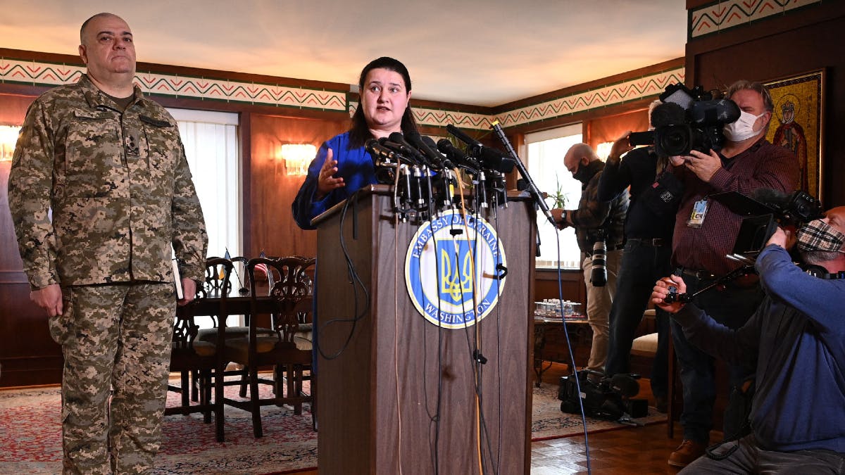 Ukraine's Ambassador to the US, Oksana Markarova, speaks to the press from the Ukranian Embassy in Washington, DC, on February 24, 2022. - Russian President Vladimir Putin launched a full-scale invasion of Ukraine on Thursday, unleashing air strikes and ordering ground troops across the border in fighting that Ukrainian authorities said left dozens of people dead.