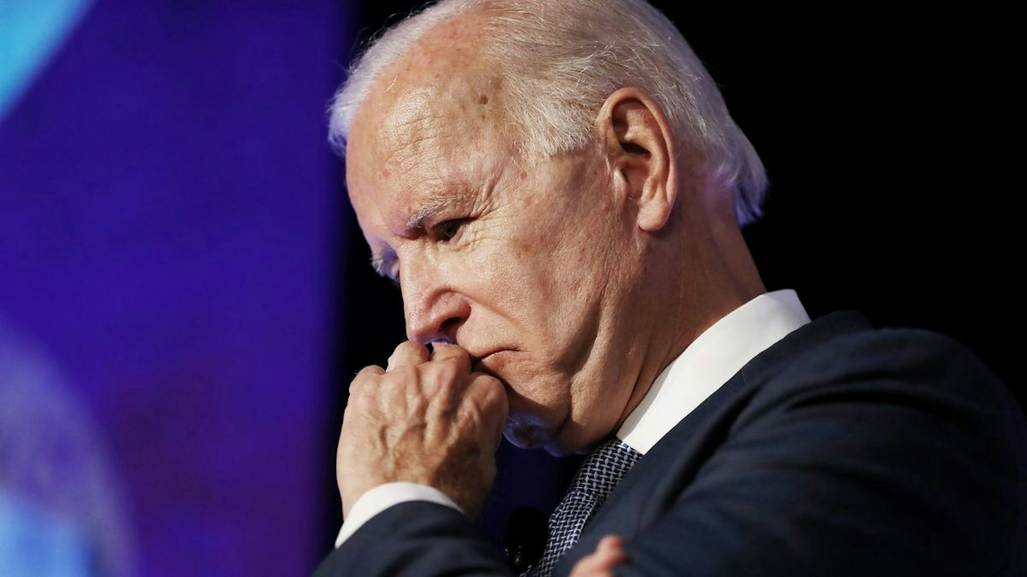 Democratic U.S. presidential candidate and former Vice President Joe Biden pauses while speaking at the SEIU Unions for All Summit on October 4, 2019 in Los Angeles, California.