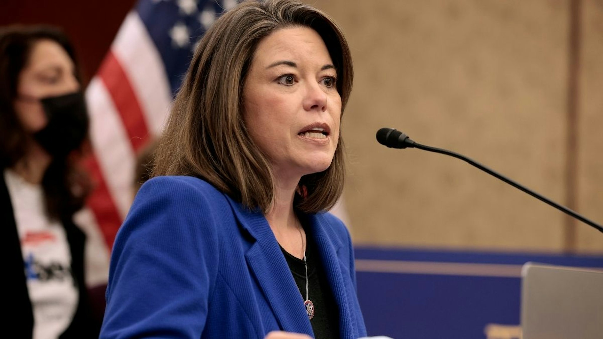 Rep. Angie Craig (D-MN) speaks at a press conference at the U.S. Capitol Building on December 14, 2021 in Washington, DC.