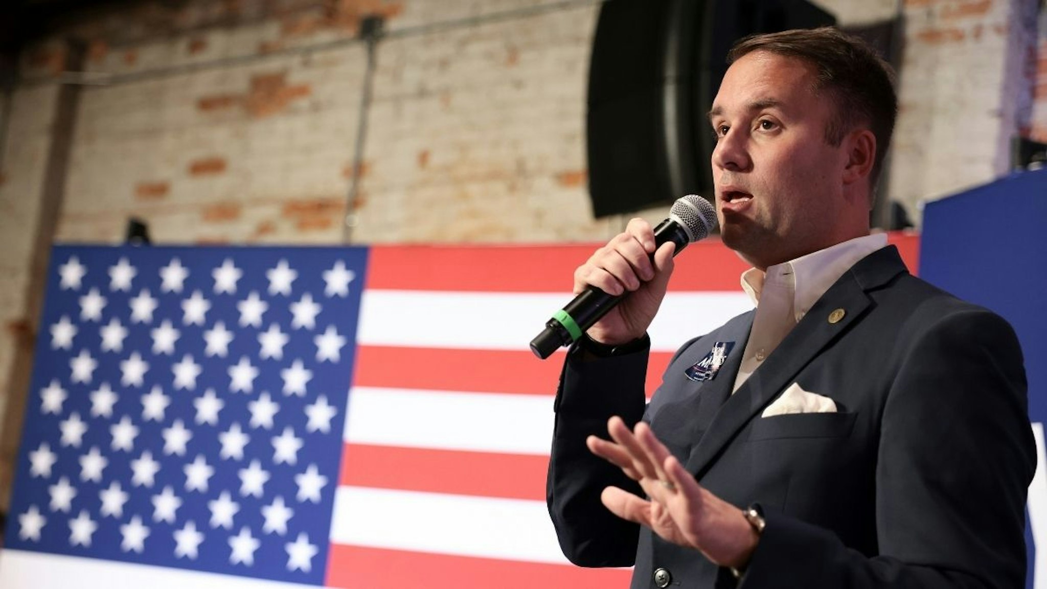 Virginia Republican Attorney General candidate Jason Miyares speaks during a campaign rally for Virginia Republican gubernatorial candidate Glenn Youngkin at the Nansemond Brewing Station on October 25, 2021 in Suffolk, Virginia.