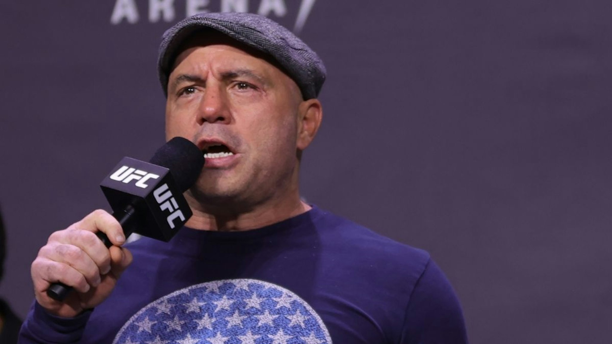 Joe Rogan introduces fighters during the UFC 269 ceremonial weigh-in at MGM Grand Garden Arena on December 10, 2021 in Las Vegas, Nevada.