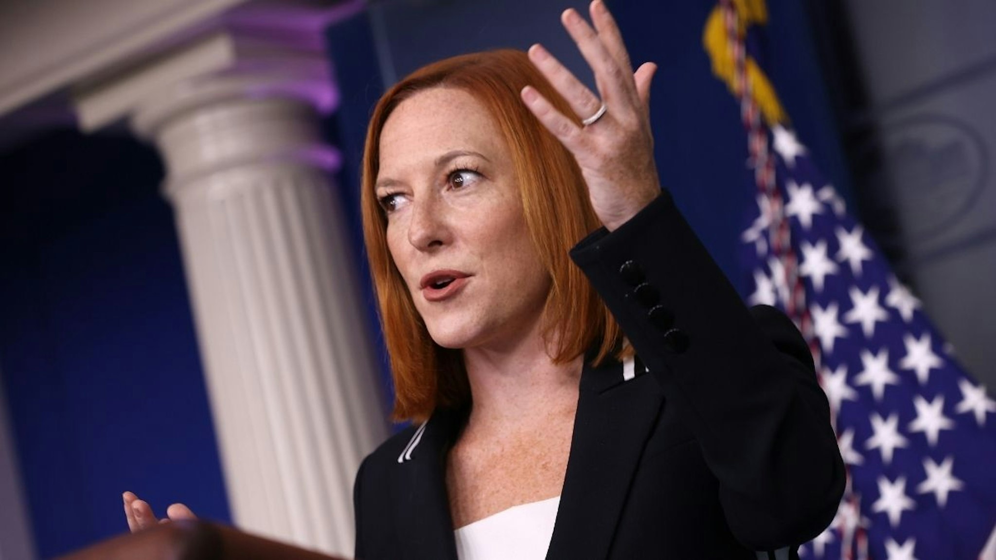 White House Press Secretary Jen Psaki talks to reporters during the daily news conference in the Brady Press Briefing Room at the White House on September 02, 2021 in Washington, DC.