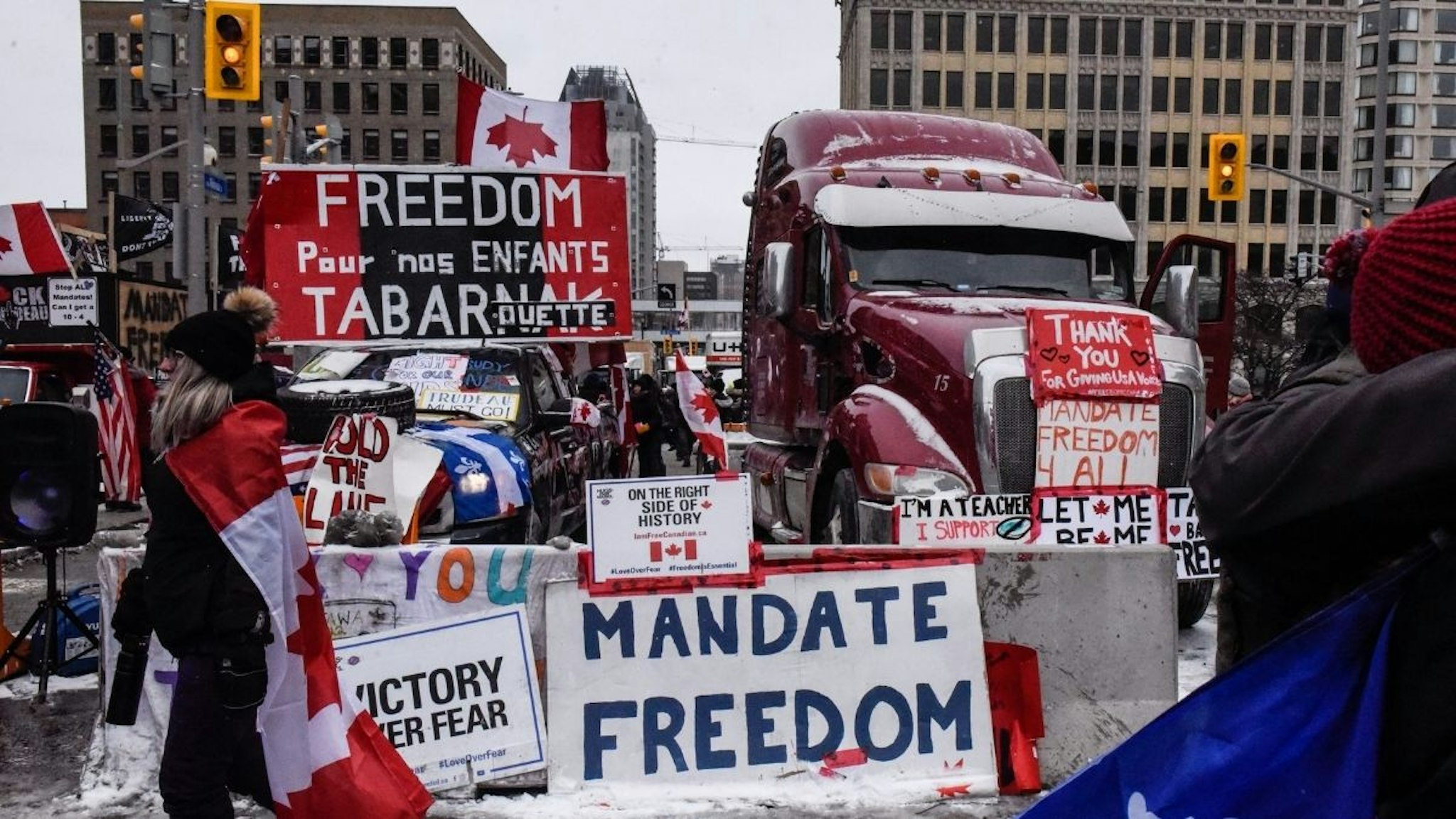 Protesters during a demonstration near Parliament Hill in Ottawa, Ontario, Canada, on Saturday, Feb. 12, 2022.