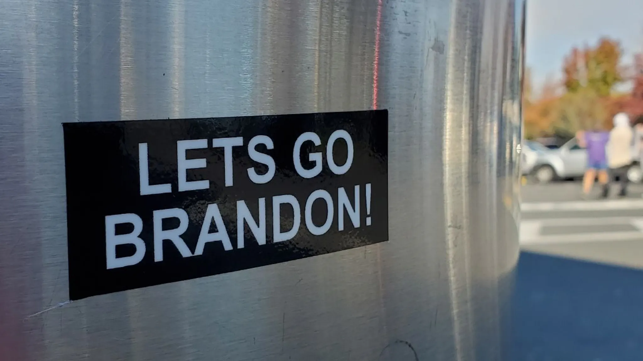 Let’s Go Brandon A sticker with the political slogan Let's Go Brandon is visible on a trash can in Pleasant Hill, California, November 13, 2021.
