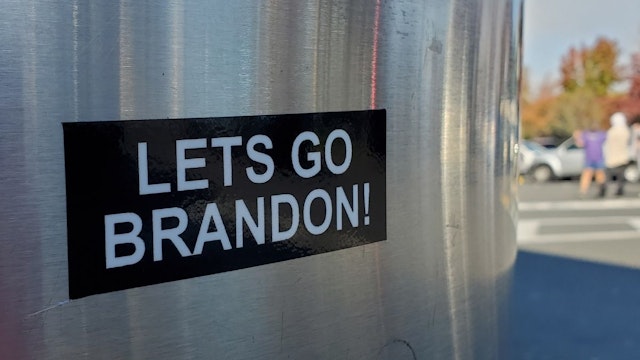 A sticker with the political slogan Let's Go Brandon is visible on a trash can in Pleasant Hill, California, November 13, 2021.