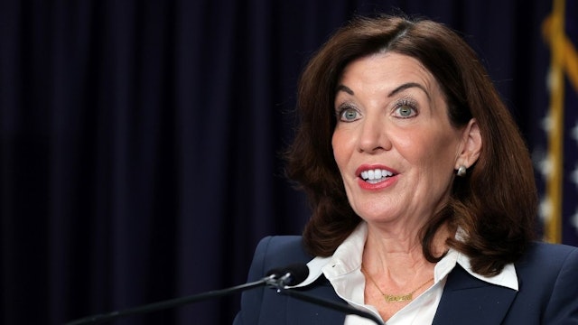 New York Governor Kathy Hochul speaks during a Covid-19 press conference on February 09, 2022 in New York City.