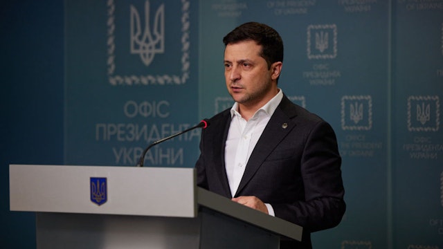 KIEV, UKRAINE - FEBRUARY 24: (----EDITORIAL USE ONLY â MANDATORY CREDIT - "UKRAINIAN PRESIDENCY / HANDOUT" - NO MARKETING NO ADVERTISING CAMPAIGNS - DISTRIBUTED AS A SERVICE TO CLIENTS----) President of Ukraine Volodymyr Zelenskyy holds a press conference in regard of Russia's attack on Ukraine in Kiev, Ukraine on February 24, 2022. (Photo by Ukrainian Presidency/Handout/Anadolu Agency via Getty Images)