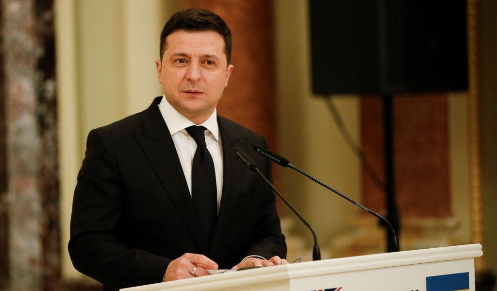 KYIV, UKRAINE - FEBRUARY 01: Ukrainian President Volodymyr Zelenskiy attends a joint news conference with British Prime Minister Boris Johnson at the presidential palace on February 1, 2022 in Kyiv, Ukraine. The prime minister will hold talks with President Volodymyr Zelenskyy in a show of support for Ukraine as 100,000 Russian troops amass on the Ukraine border. The UK also announces £88m of new funding for Ukraine to help reduce its reliance on Russian energy supplies. (Photo by Peter Nicholls - Pool/Getty Images)