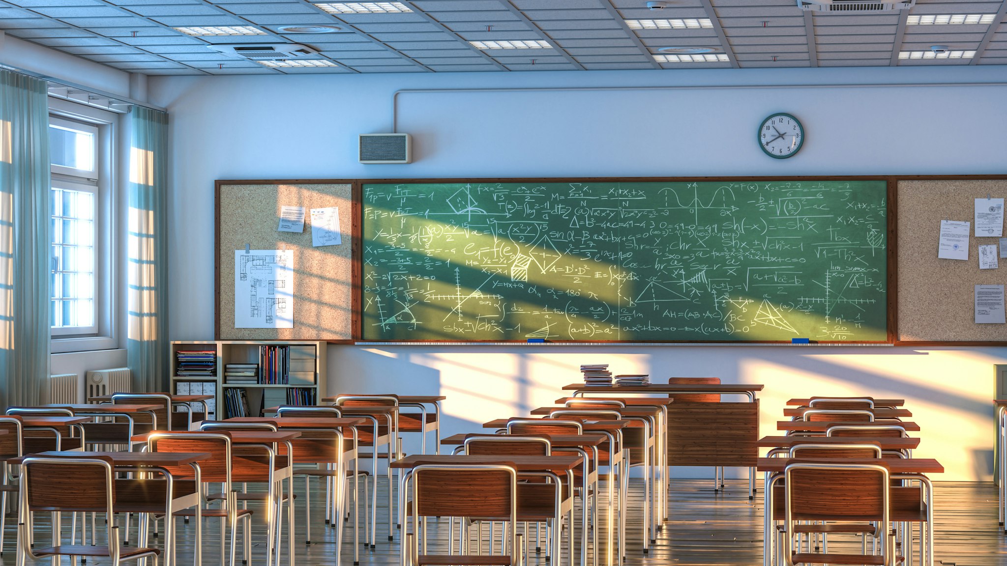 interior of a school classroom with wooden desks and chairs. nobody around. 3d render.