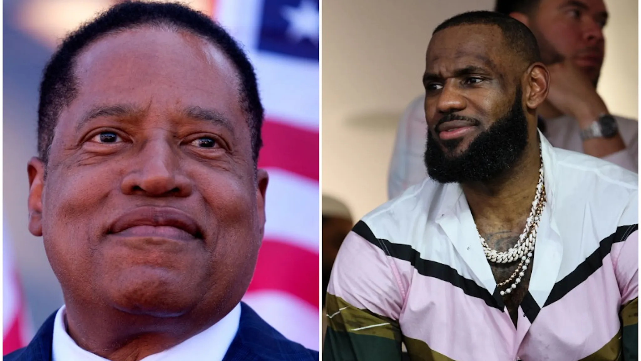Larry Elder and LeBron James Republican gubernatorial candidate Larry Elder speaks to supporters during an Asian Rally for Yes Recall at the Asian Garden Mall in Little Saigon, Westminster, California, on September 4, 2021 - The recall election, which will be held on September 14, 2021, asks voters to respond two questions: whether Newsom, a Democratic, should be recalled from the office of governor, and who should succeed Newsom if he is recalled. Forty-six candidates, including nine Democrats and 24 Republicans, are looking to take Newsom's place as the governmental leader of California. INGLEWOOD, CALIFORNIA - FEBRUARY 13: NBA player LeBron James attends Super Bowl LVI between the Los Angeles Rams and the Cincinnati Bengals at SoFi Stadium on February 13, 2022 in Inglewood, California.