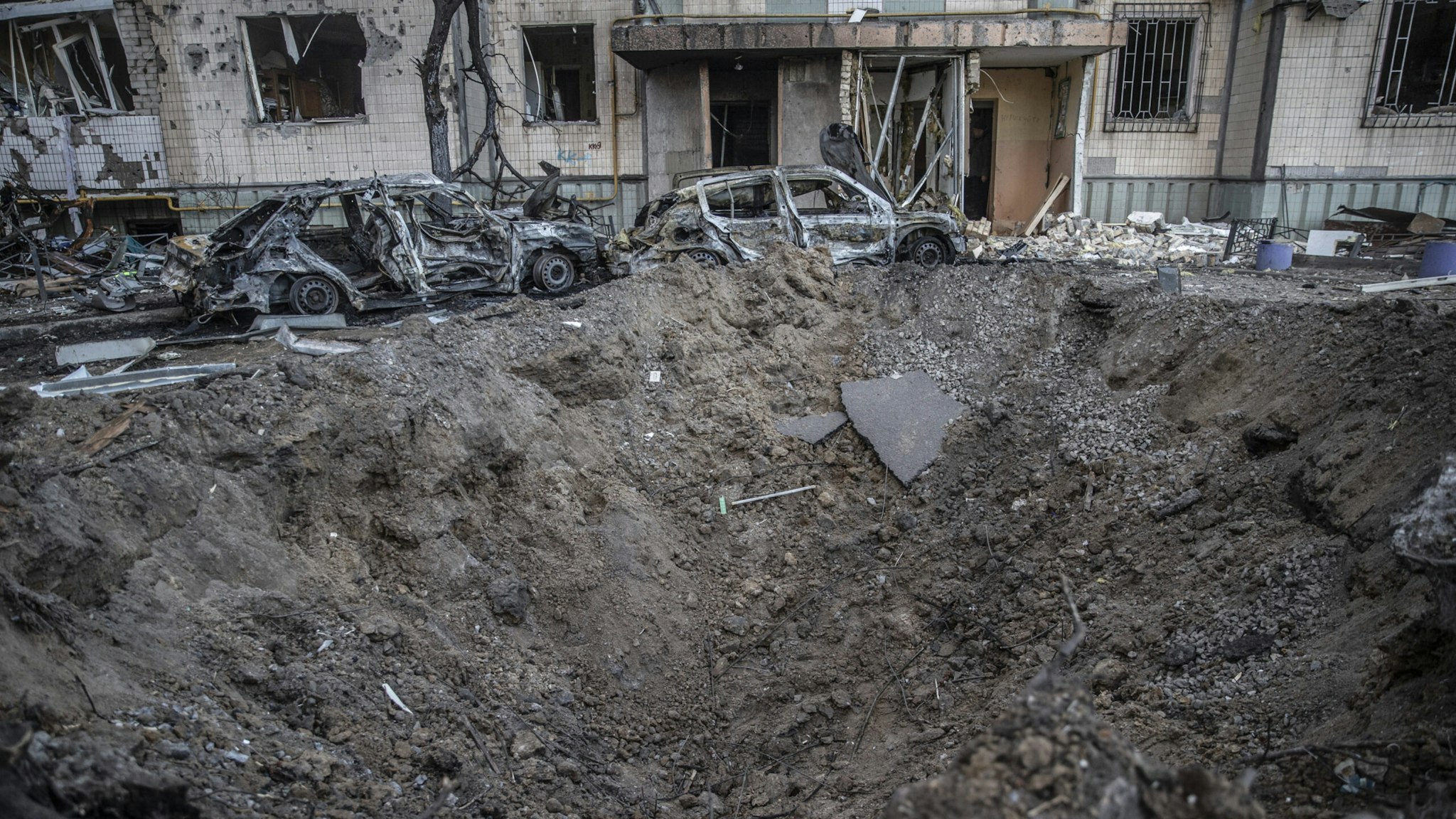 A view of civil settlement damaged by Russian shelling in Kyiv, Ukraine on March 20, 2022.
