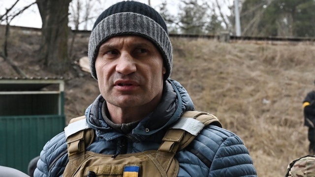 Kyiv mayor Vitali Klitschko reacts on a check-point on Kyiv outskirts on March 6, 2022.