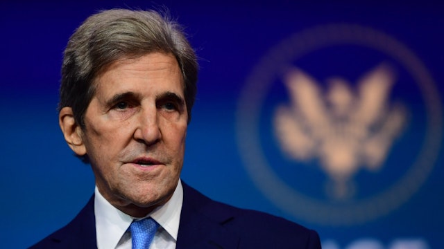 Special Presidential Envoy for Climate John Kerry speaks after being introduced by President-elect Joe Biden as he introduces key foreign policy and national security nominees and appointments at the Queen Theatre on November 24, 2020 in Wilmington, Delaware.