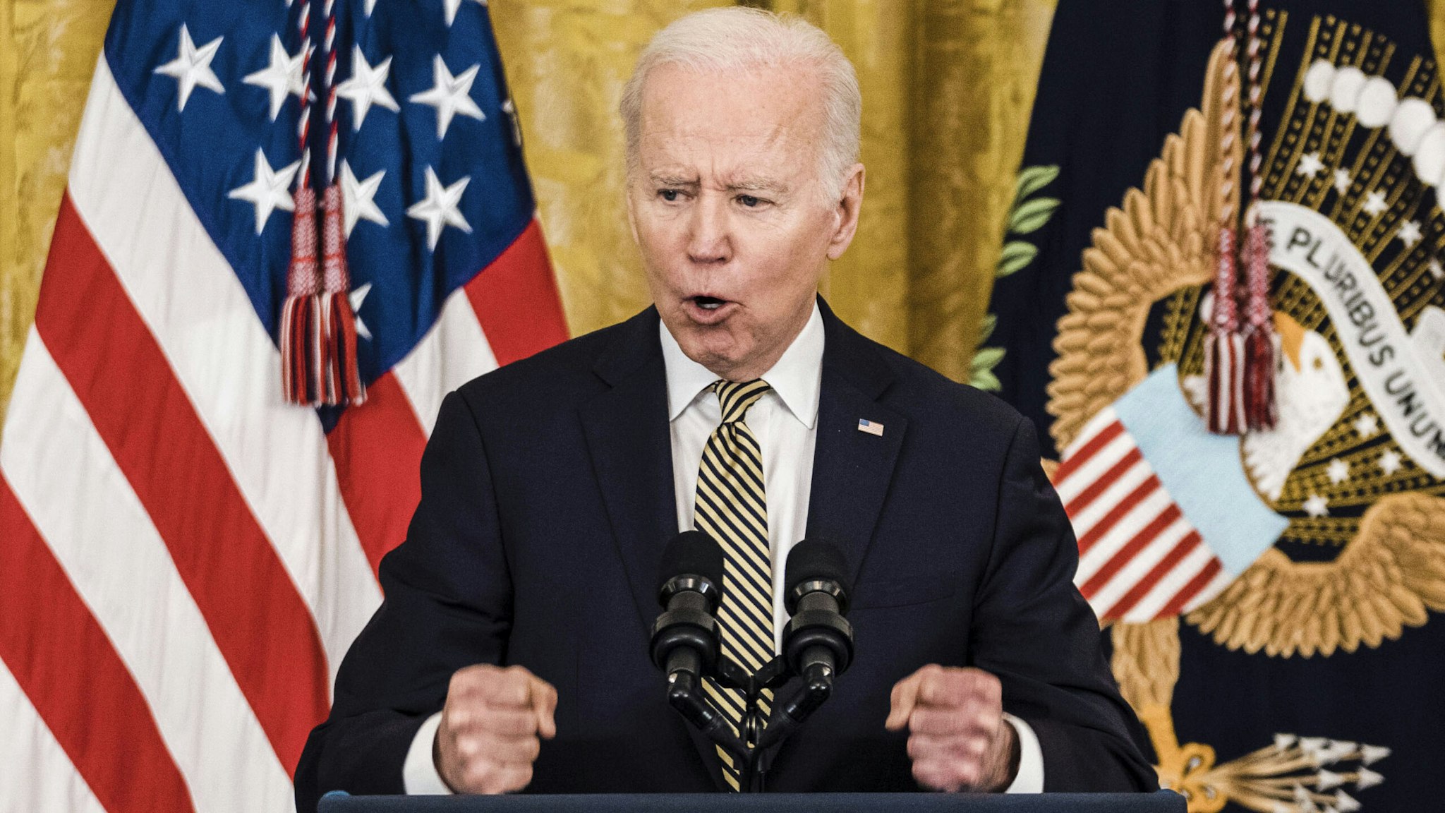 WASHINGTON, DC - MARCH 16: President Joe Biden speaks during an event celebrating the reauthorization of the Violence Against Women Act (VAWA) in the East Room of the White House on Wednesday, March 16, 2022 in Washington, DC.