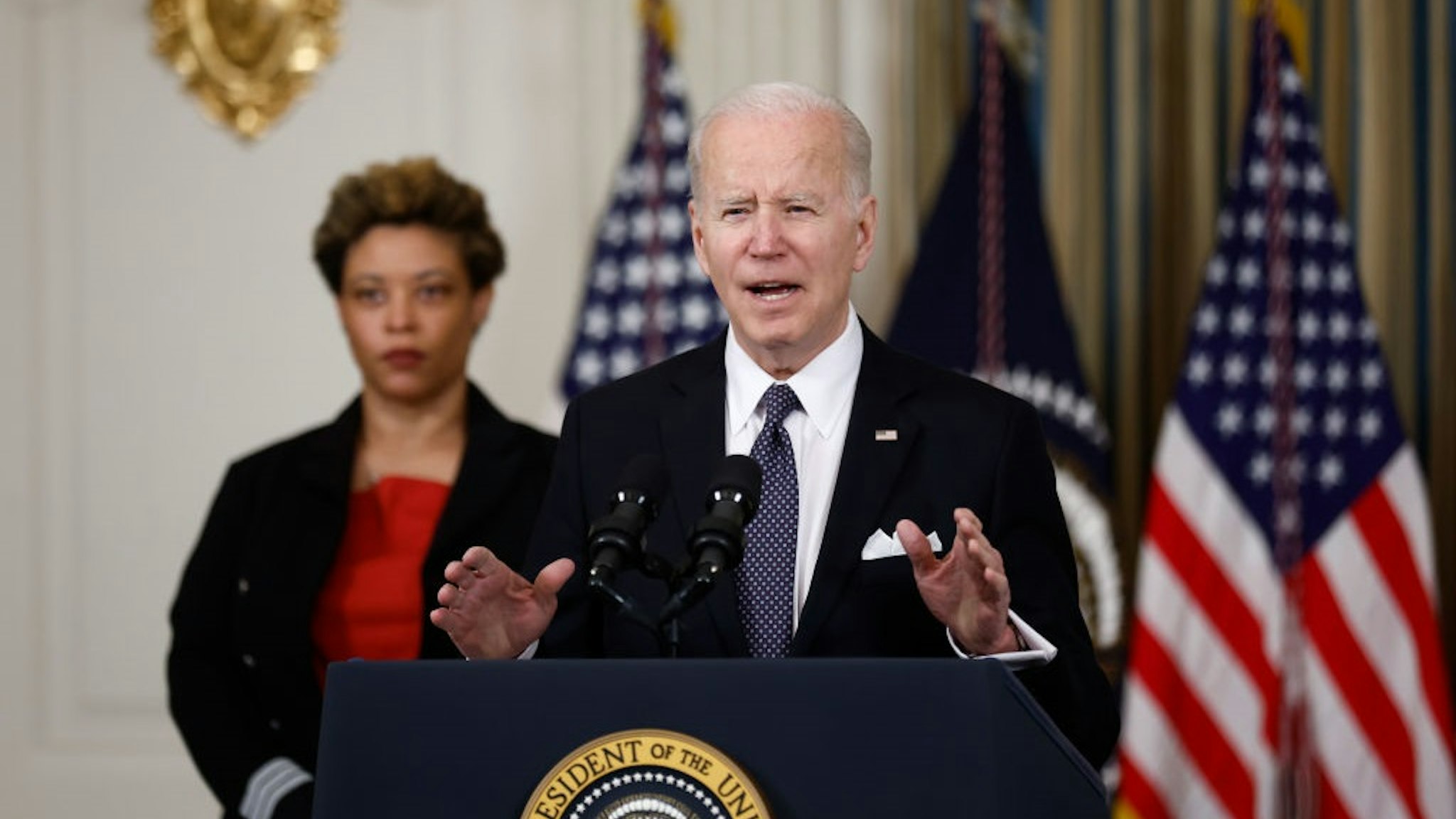 U.S. President Joe Biden speaks about his budget for fiscal year 2023 in the State Dining Room of the White House in Washington, D.C., U.S., on Monday, March 28, 2022.