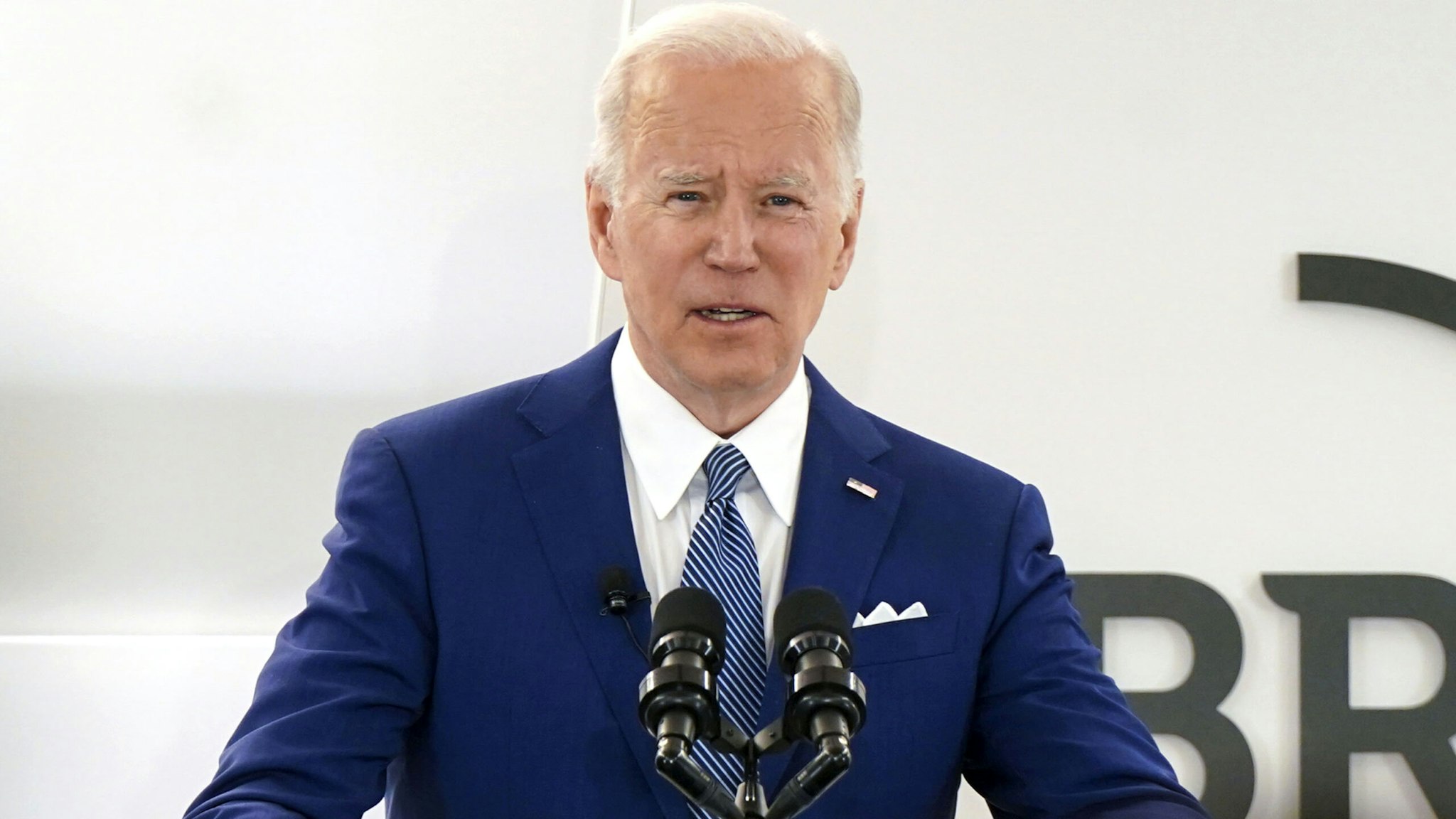 U.S. President Joe Biden speaks while joining the Business Roundtable's chief executive officer quarterly meeting in Washington, D.C., U.S., on Monday, March 21, 2022. Biden is expected to discuss the United States' response to Russia's war with Ukraine and create good-paying union jobs according to the White House.