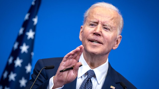 24 March 2022, Belgium, Brüssel: U.S. President Joe Biden attends a press conference after the NATO special summit at NATO headquarters. The meeting is to discuss the current situation in Russia's war in Ukraine.