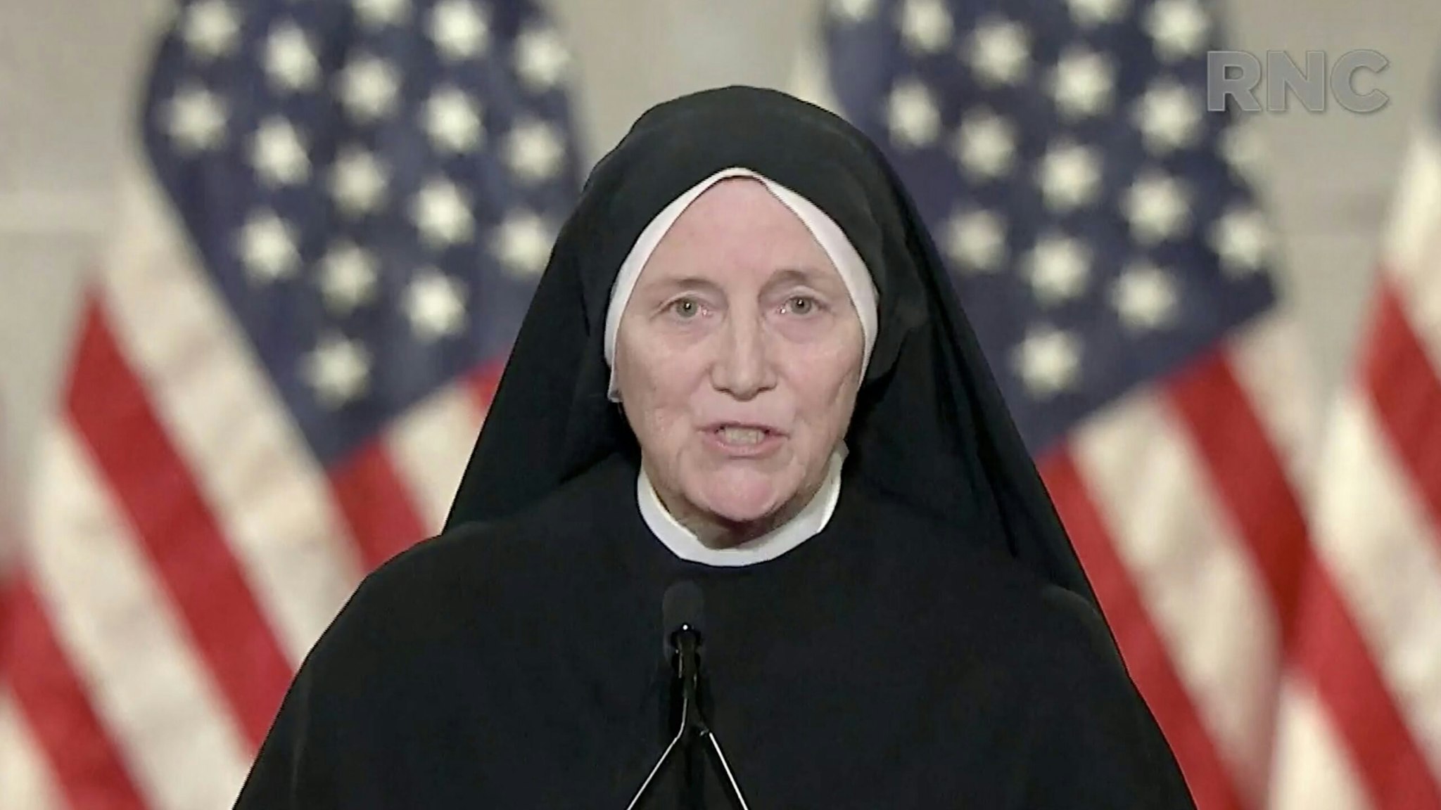 CHARLOTTE, NC - AUGUST 26: (EDITORIAL USE ONLY) In this screenshot from the RNC’s livestream of the 2020 Republican National Convention, Sister Dede Byrne, surgeon, military veteran and member of the Little Workers of the Sacred Hearts of Jesus and Mary, addresses the virtual convention on August 26, 2020. The convention is being held virtually due to the coronavirus pandemic but will include speeches from various locations including Charlotte, North Carolina and Washington, DC. (Photo Courtesy of the Committee on Arrangements for the 2020 Republican National Committee via Getty Images)