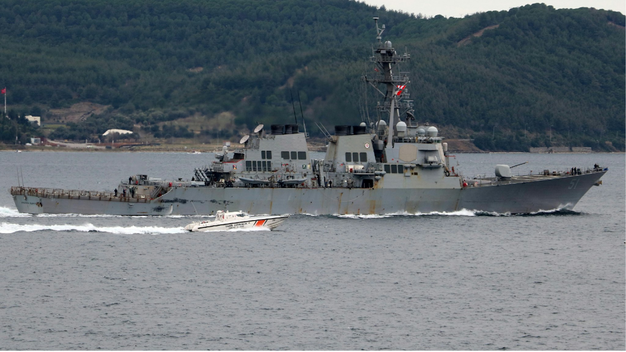 Arleigh Burke-class guided missile destroyer "USS Arleigh Burke" (DDG-51) of US Navy passes through Dardanelles Strait in Canakkale, Turkey on November 25, 2021.