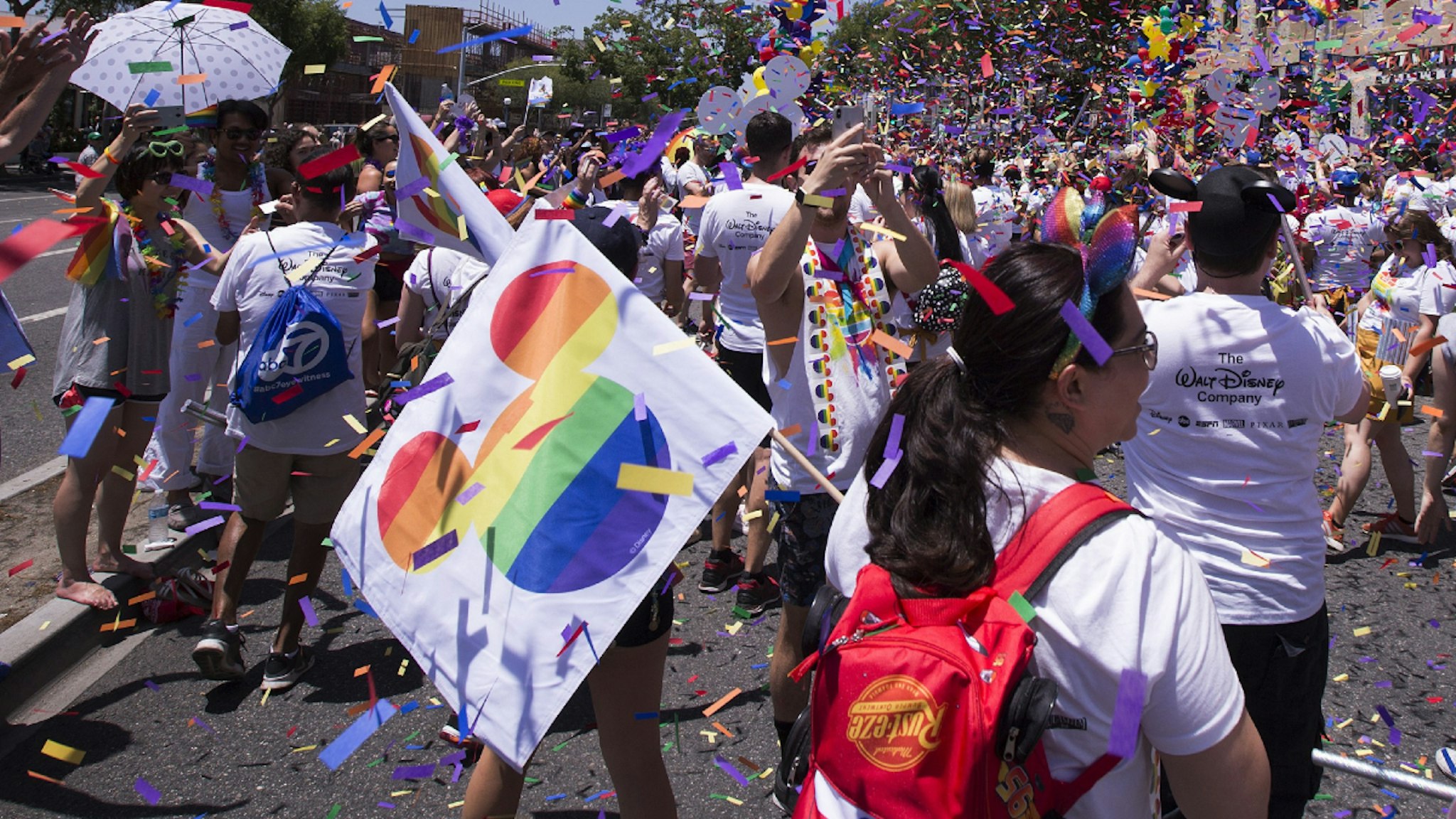 LOS ANGELES, CA - JUNE 10: People from the Disney Company march in the 48th annual LA Pride Parade on June 10, 2018, in the Hollywood section of Los Angeles and West Hollywood, California.