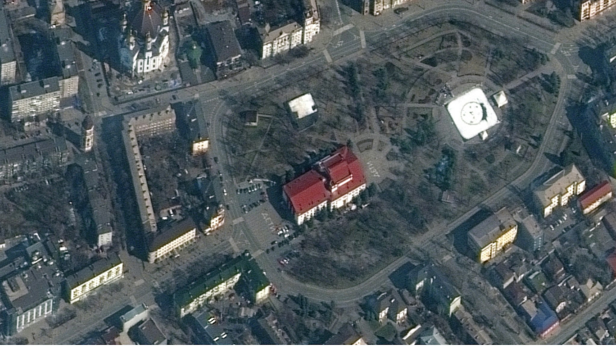 RUSSIANS INVADE UKRAINE -- MARCH 14, 2022: 01 Maxar collected satellite imagery of Mariupol, Ukraine on March 14th that included the Mariupol Drama Theater which was bombed on March 16th. This building had been used as a shelter for hundreds of Ukrainian civilians.