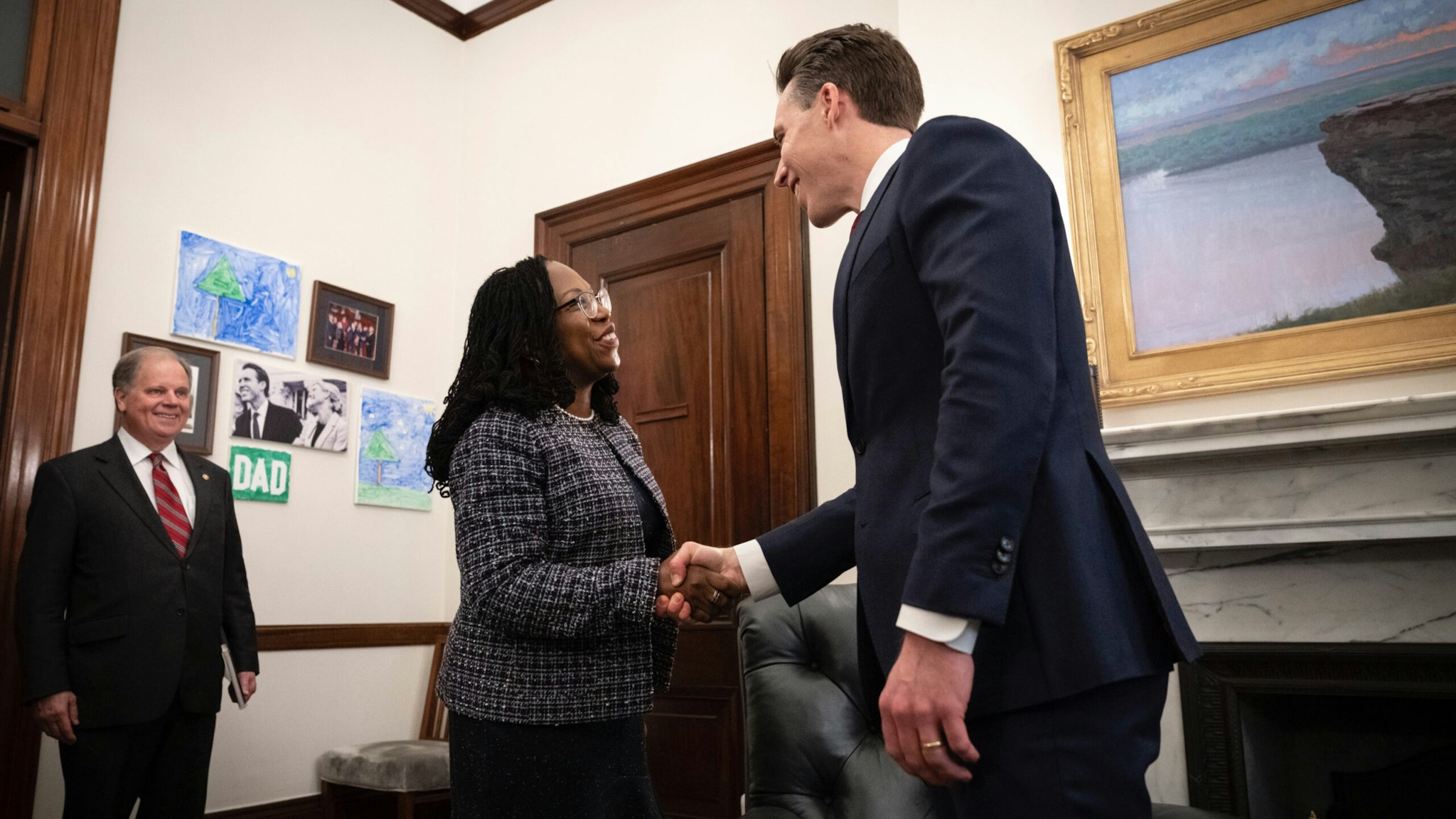 Sen. Josh Hawley (R-MO) greets Supreme Court Nominee Ketanji Brown Jackson as she arrives at his office for a meeting on Capitol Hill March 9, 2022 in Washington, DC.