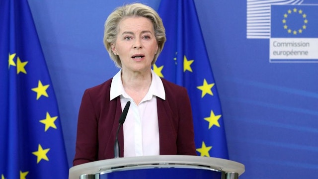 President of the European Commission, Ursula von der Leyen, who runs the EU joint vaccine purchasing scheme that delivered 330 million BioNTech-Pfizer shots, speaks during a press conference at the EU headquarters in Brussels on July 10, 2021.