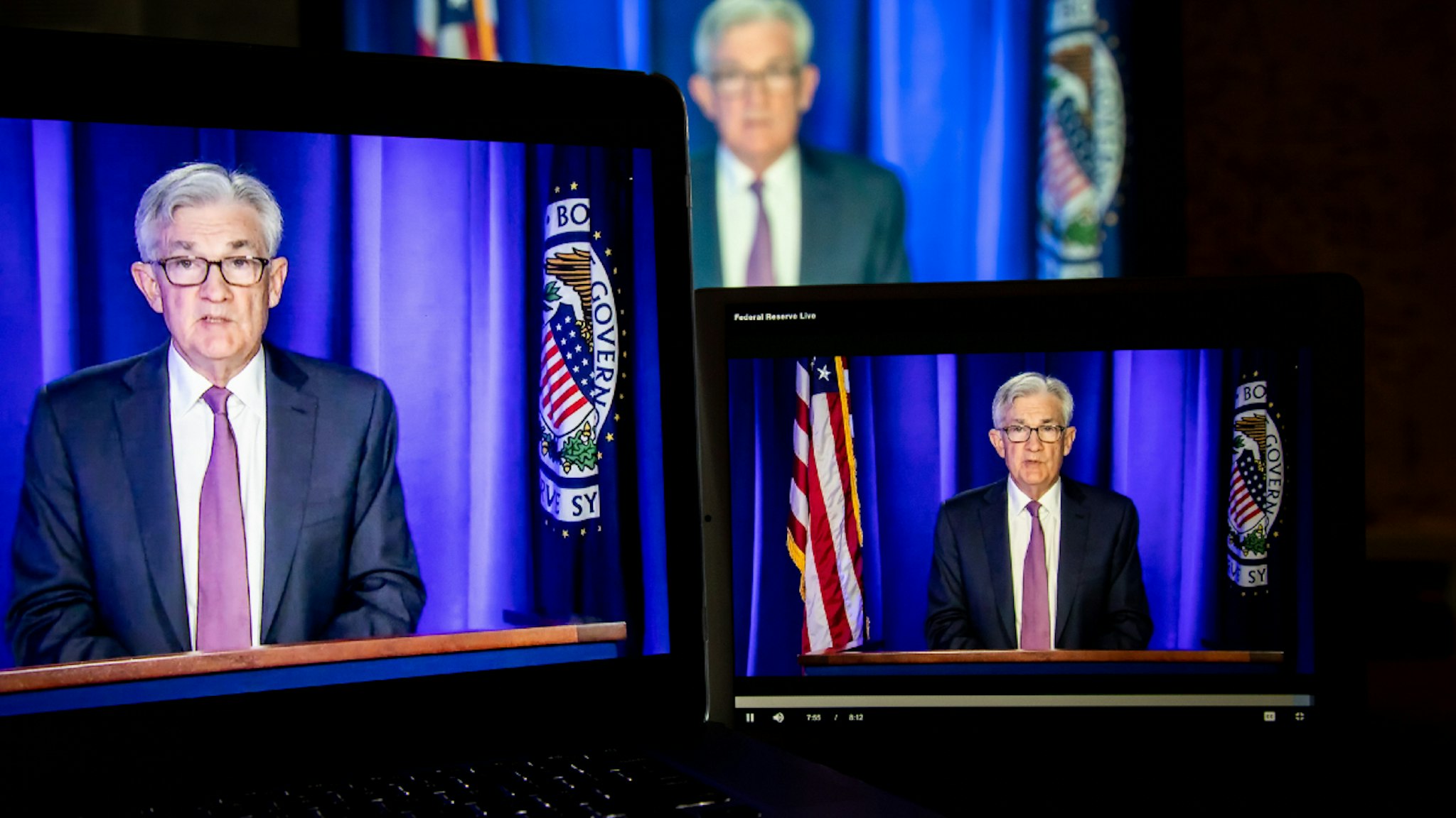 Jerome Powell, chairman of the U.S. Federal Reserve, speaks during a live-streamed news conference following a Federal Open Market Committee (FOMC) meeting in New York, U.S., on Wednesday, March 16, 2022.