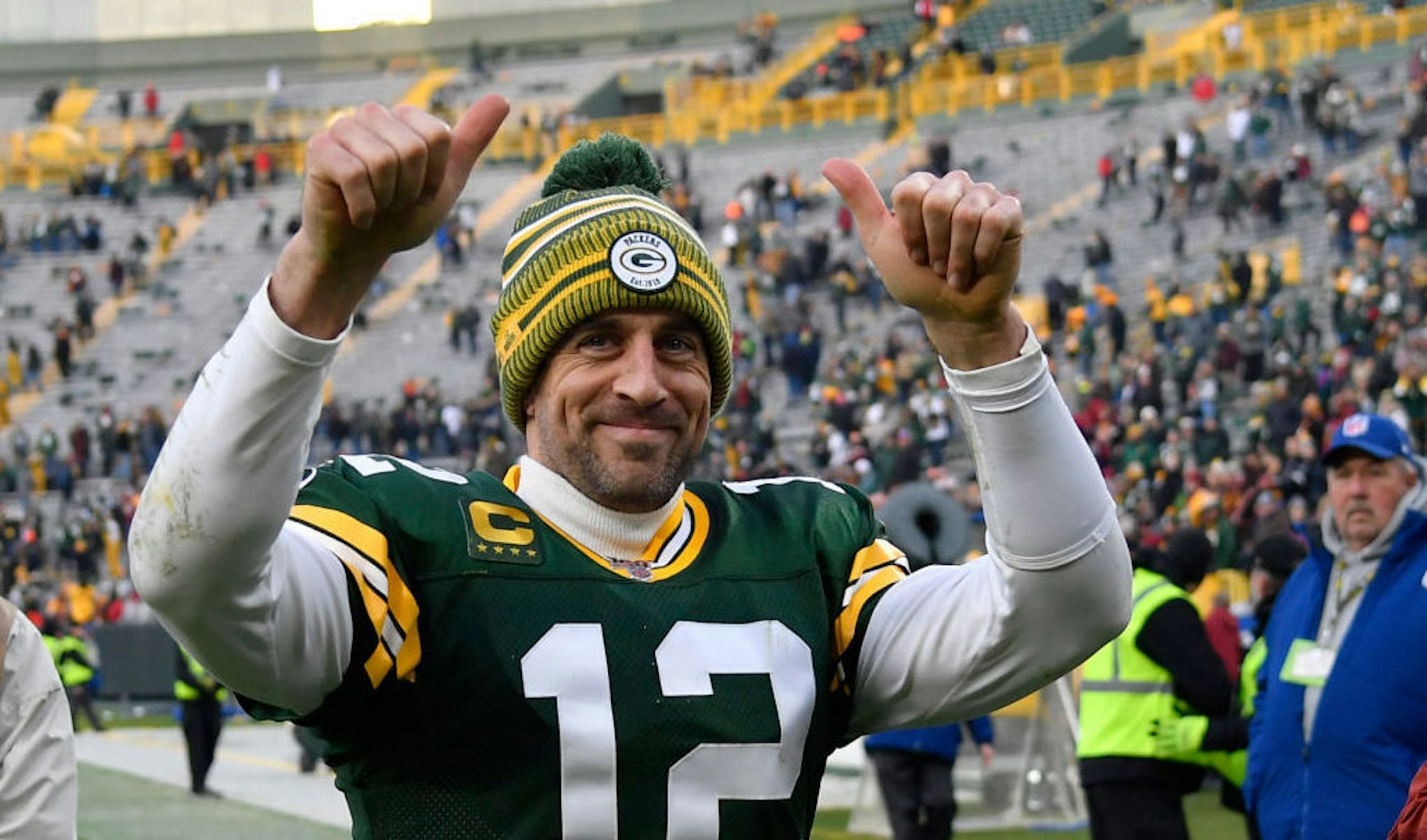 GREEN BAY, WISCONSIN - DECEMBER 08: Aaron Rodgers #12 of the Green Bay Packers reacts after getting the win against the Washington Redskins at Lambeau Field on December 08, 2019 in Green Bay, Wisconsin. (Photo by Quinn Harris/Getty Images)