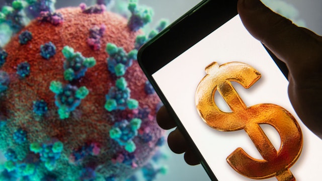 CHINA - 2020/03/18: In this photo illustration the currency of the United States dollar icon $ icon seen displayed on a smartphone with a computer model of the COVID-19 coronavirus on the background. (