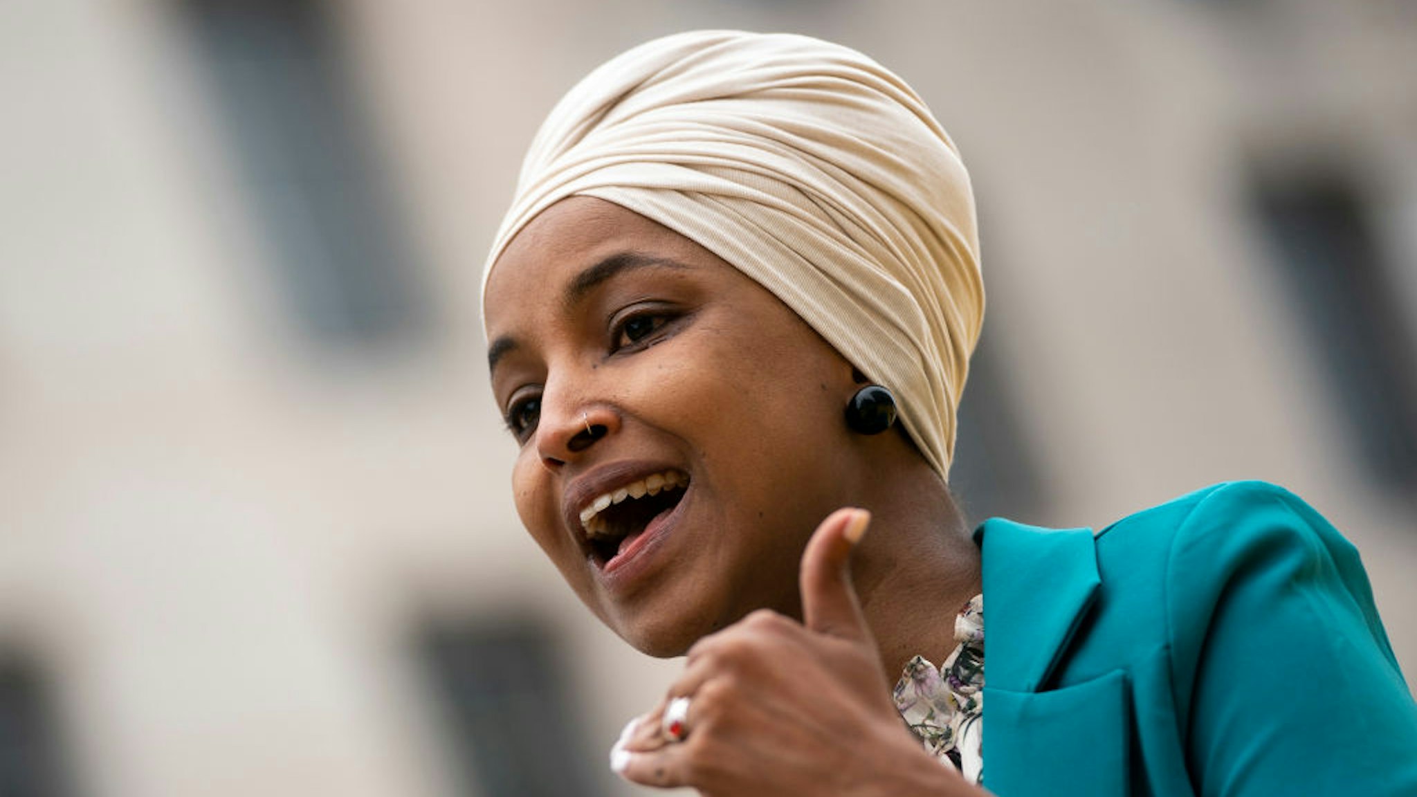 WASHINGTON, DC - APRIL 9: Rep. Ilhan Omar (D-MN) speaks during a press conference at Black Lives Matter Plaza calling for an end to U.S. support for a Saudi Arabia-led blockade of Yemen on April 9, 2021 in Washington, DC. 26 year-old Iman Saleh is on her 12th day of a hunger strike for Yemen in Washington, DC. Millions of Yemenis, including children, are on the edge of famine, which some attribute partially to the blockade that has choked the delivery of food and fuel into the country. (Photo by Drew Angerer/Getty Images)