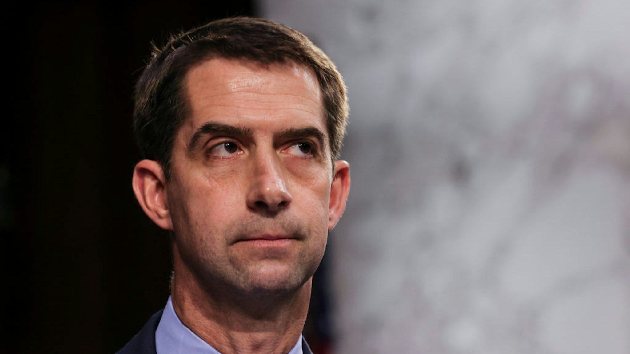 WASHINGTON, DC - APRIL 20: U.S. Sen. Tom Cotton (R-AR) attends a Senate Judiciary Committee hearing on voting rights on Capitol Hill on April 20, 2021 in Washington, DC. Among the other witnesses who will testify are U.S. Rep. Burgess Owens (R-UT); Stacey Abrams, Founder of Fair Fight Action; and Sherrilyn Ifill, President and Director-Counsel of the NAACP Legal Defense Fund. (Photo by Evelyn Hockstein-Pool/Getty Images)