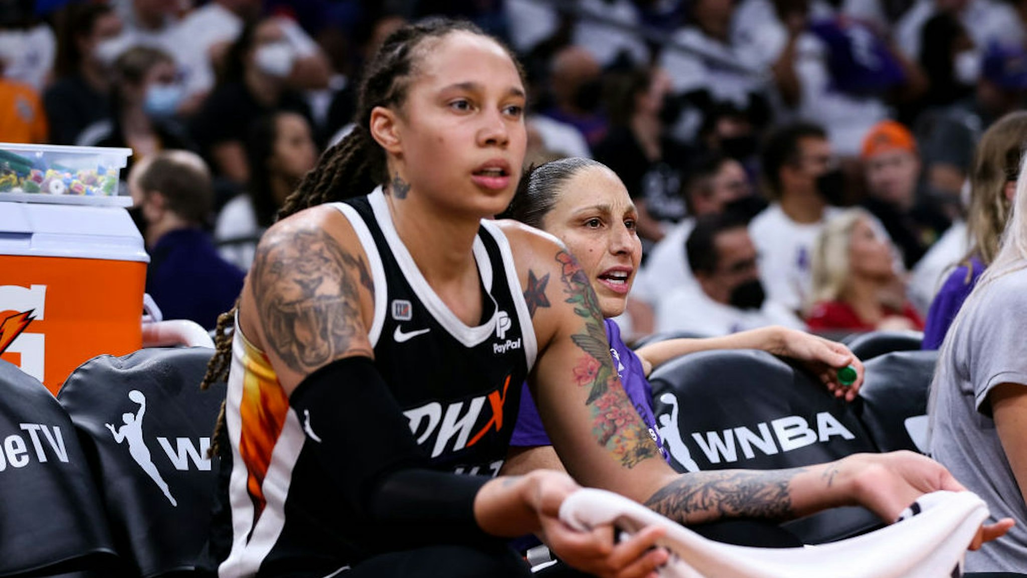 PHOENIX, ARIZONA - OCTOBER 10: Brittney Griner #42 and Diana Taurasi #3 of the Phoenix Mercury reacts to a foul call in the second half during the game against the Chicago Sky at Footprint Center on October 10, 2021 in Phoenix, Arizona. NOTE TO USER: User expressly acknowledges and agrees that, by downloading and or using this photograph, User is consenting to the terms and conditions of the Getty Images License Agreement. (Photo by Mike Mattina/Getty Images)