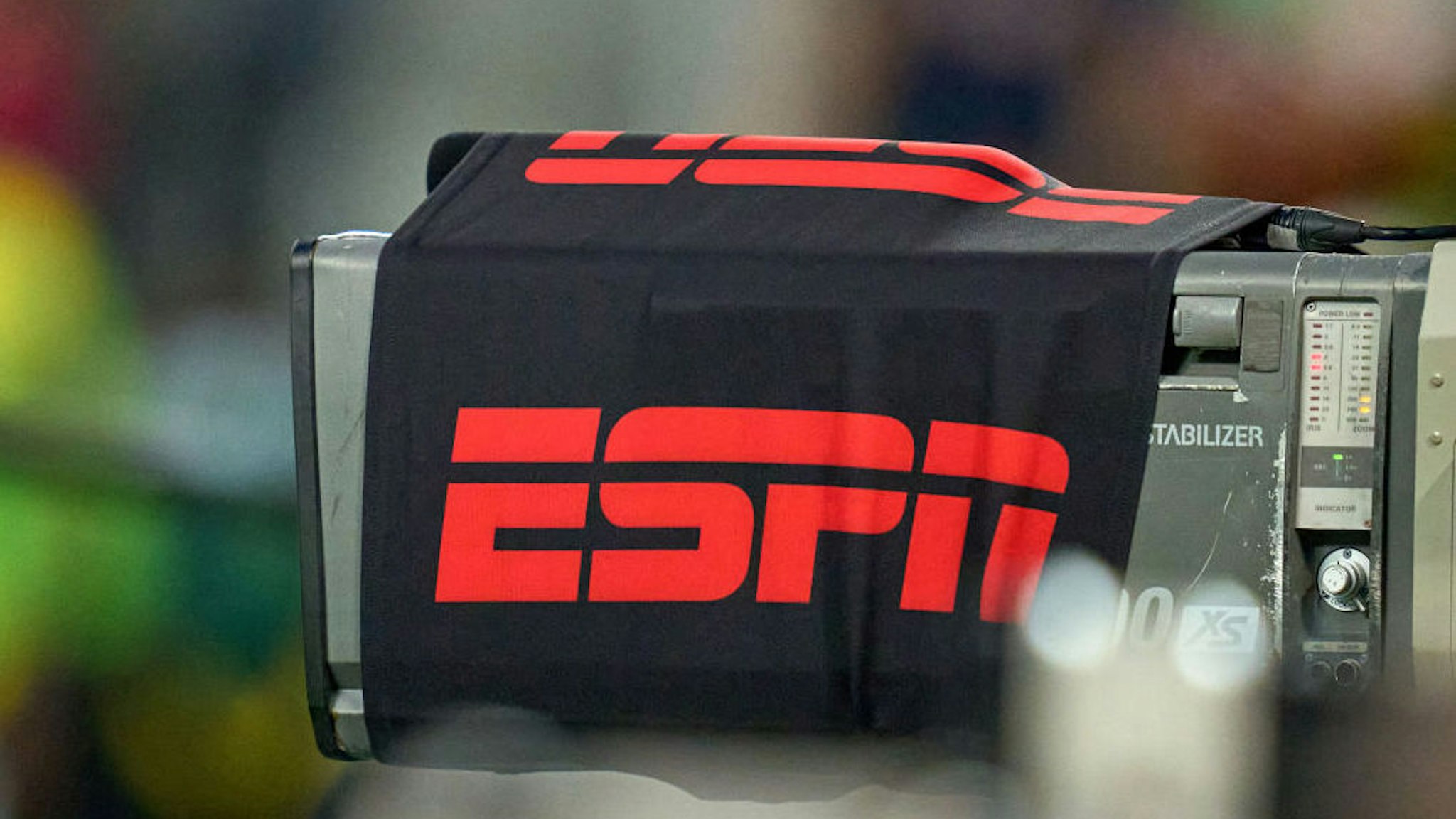 AUSTIN, TX - OCTOBER 07: A detail view of an ESPN logo is seen on a broadcast tv camera during a CONCACAF World Cup qualifying match between the United States and Jamaica on October 07, 2021 at Q2 Stadium in Austin, TX. (Photo by Robin Alam/Icon Sportswire)