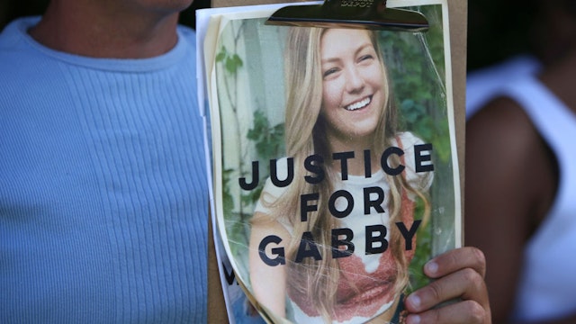 Supporters of &quot;Justice for Gabby&quot; gathered at the entrance of Myakkahatchee Creek Environmental Park in North Port Florida on Wednesday October 20, 2021.