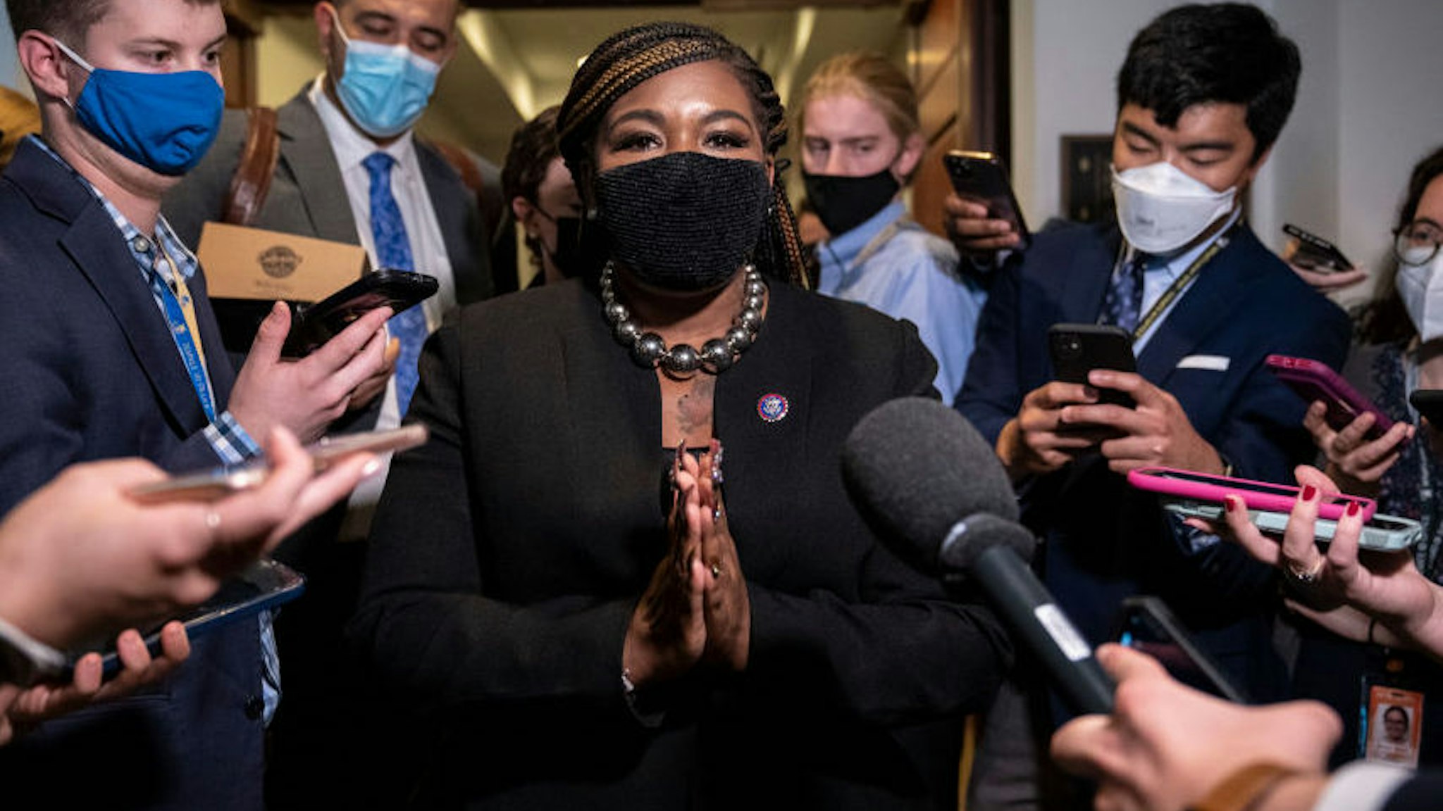 Rep. Cori Bush (D-MO) speaks to reporters as she leaves a meeting with Progressive House Democrats at the U.S. Capitol on Capitol Hill October 28, 2021 in Washington, DC.