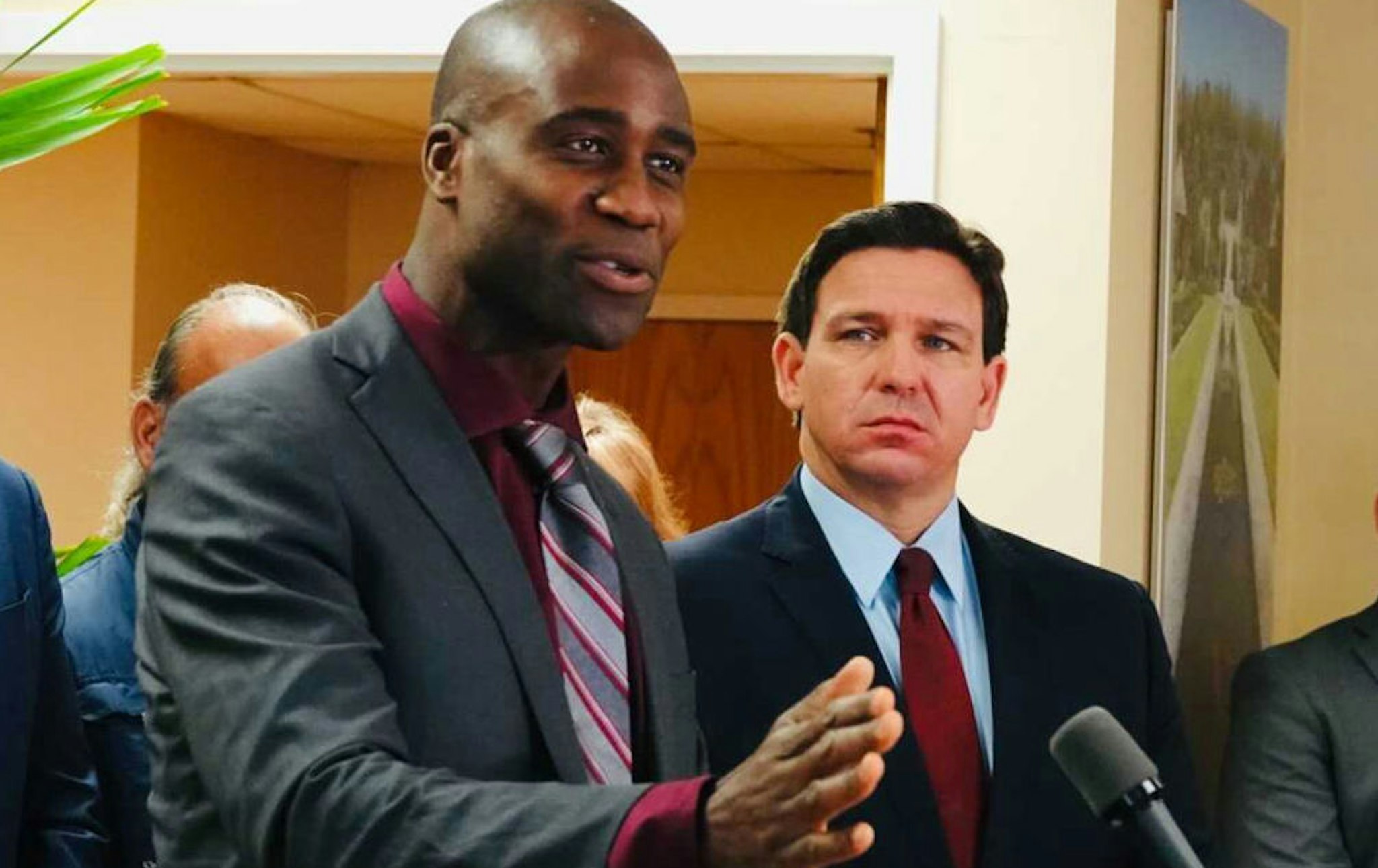 Florida Surgeon General Joseph Ladapo and Gov. Ron DeSantis at a news conference in West Palm Beach, Florida on Thursday, Jan. 6, 2022.