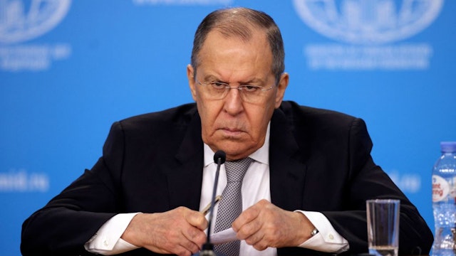 Russian Foreign Minister Sergei Lavrov looks on as he gives an annual press conference on Russian diplomacy in 2021, in Moscow on January 14, 2022. (Photo by Dimitar DILKOFF / AFP) (Photo by DIMITAR DILKOFF/AFP via Getty Images)